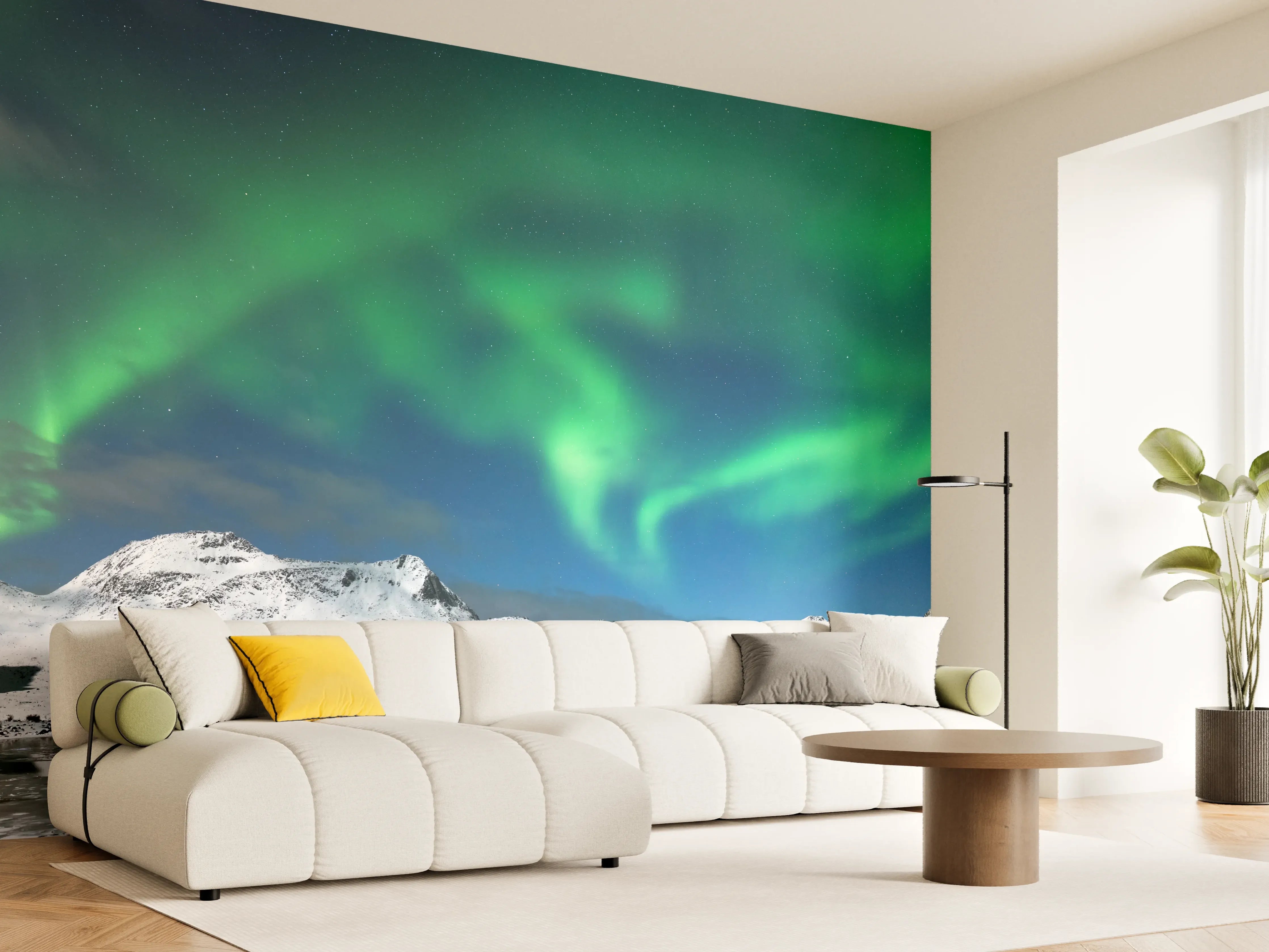 Wandverkleidung Wohnzimmer - Nordlicht über verschneitem Fjord