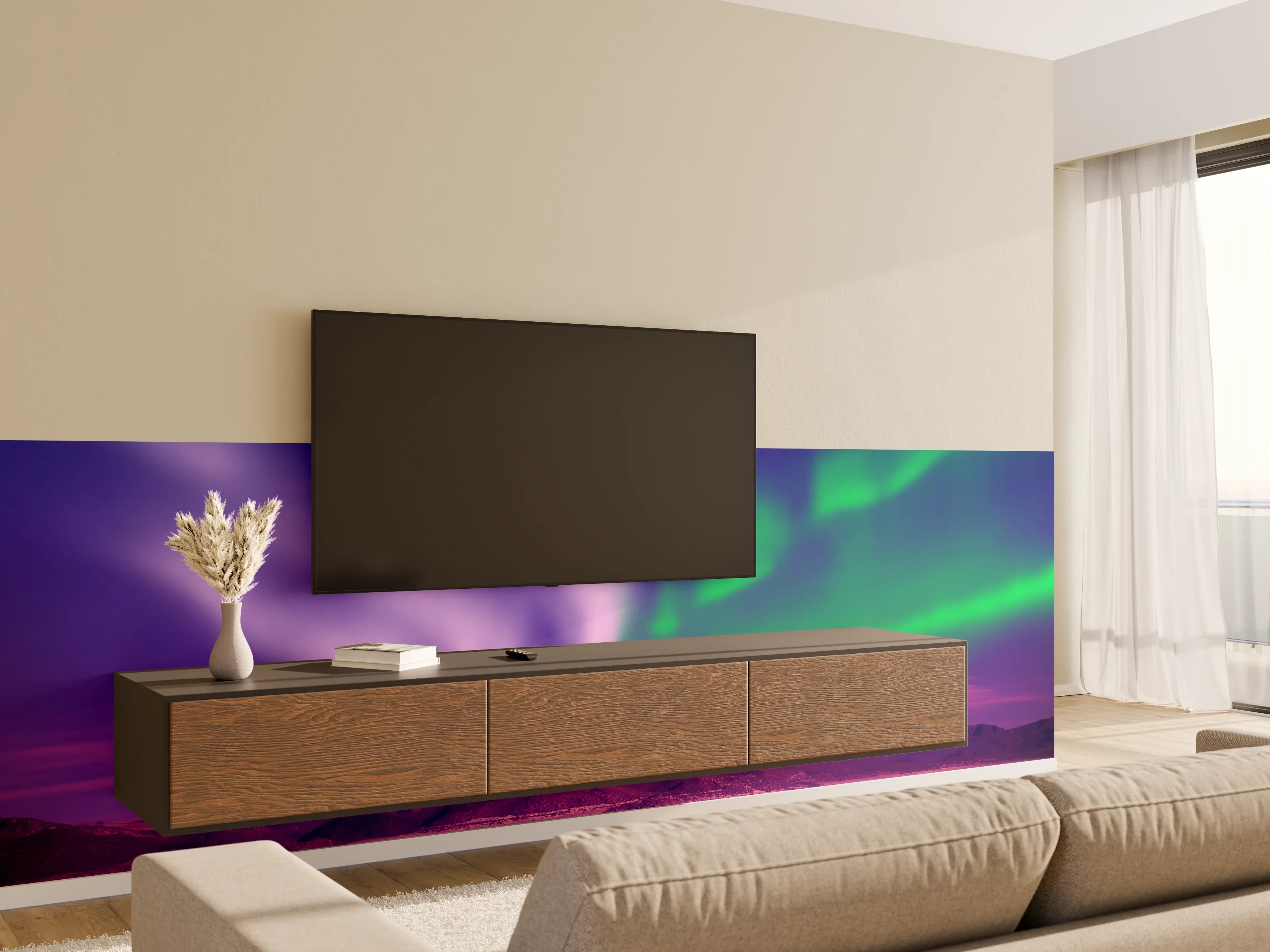 Wandverkleidung Wohnzimmer - Nordlichter über Bergen