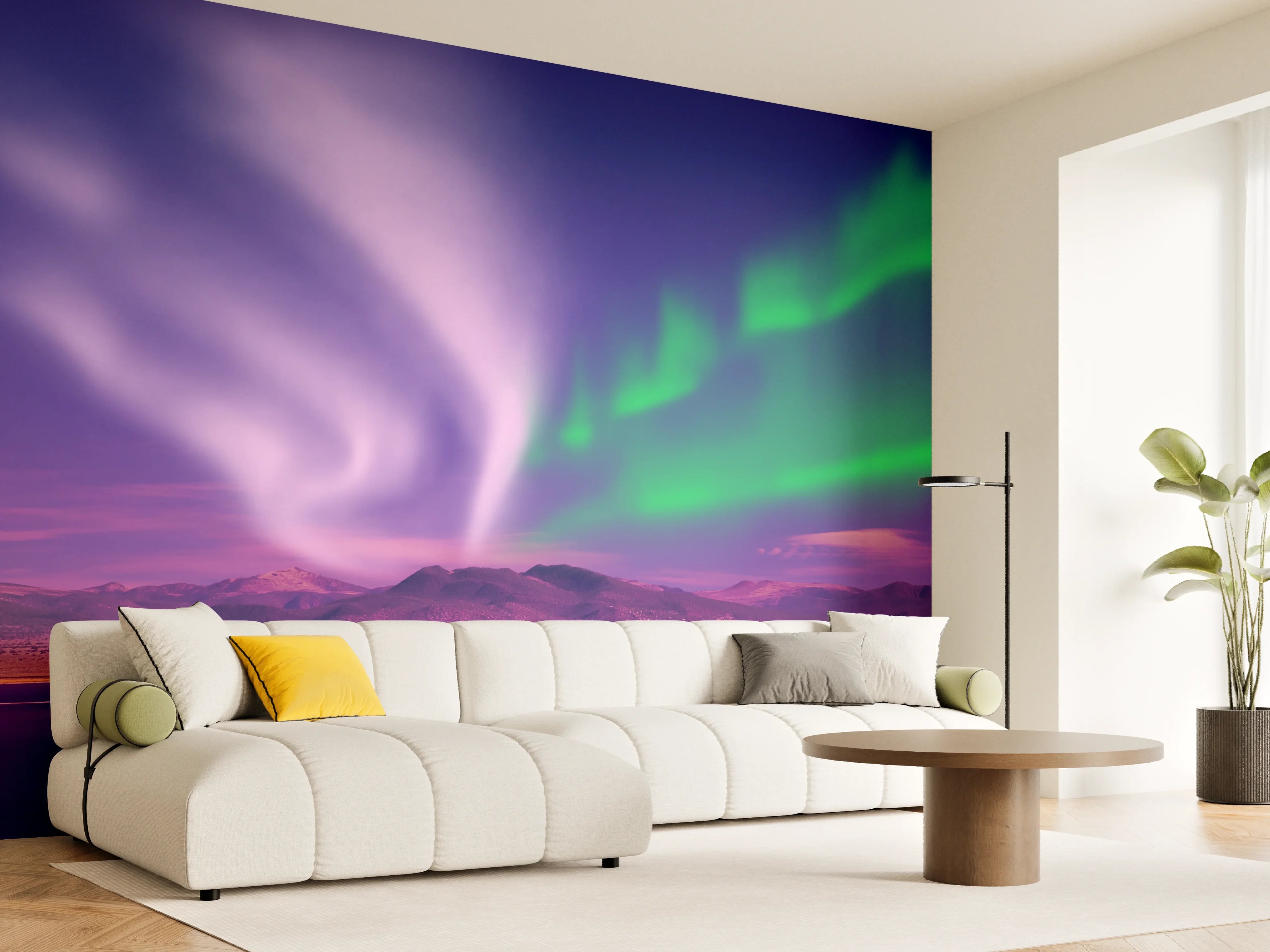 Wandverkleidung Wohnzimmer - Nordlichter über Bergen