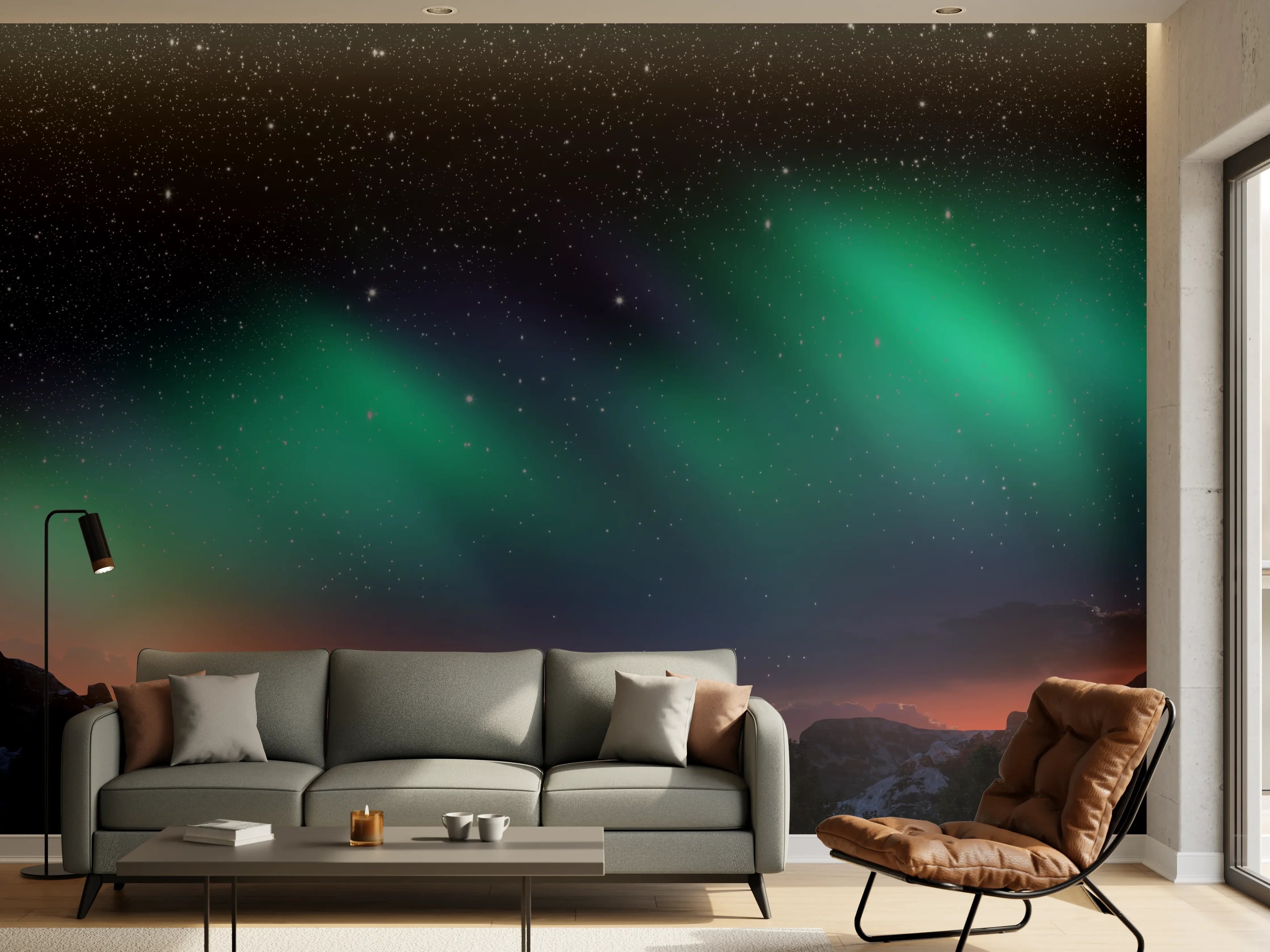 Wandverkleidung Wohnzimmer - Nordlichter über Berglandschaft bei Nacht
