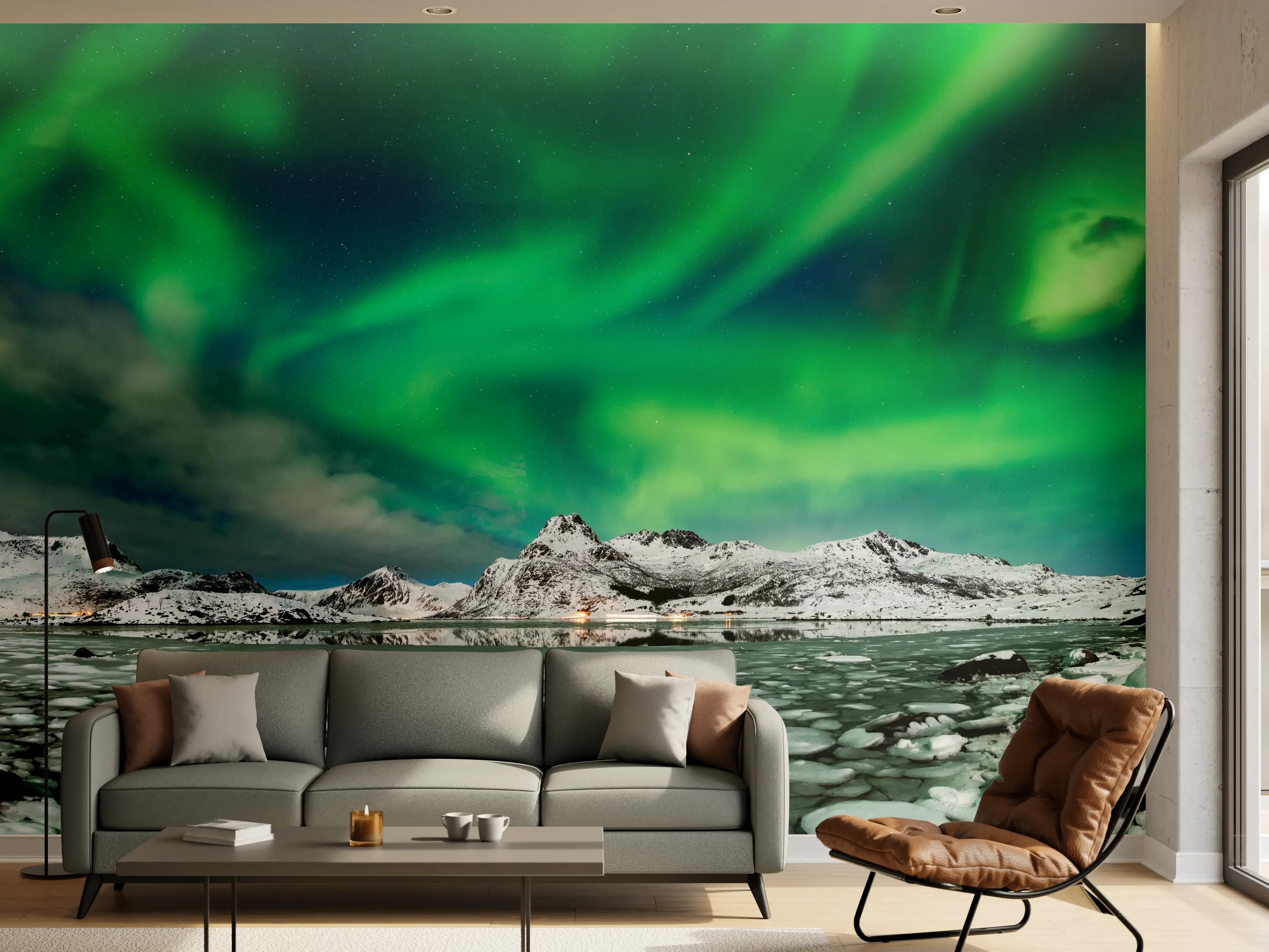 Wandverkleidung Wohnzimmer - Nordlichter über arktischer Küste