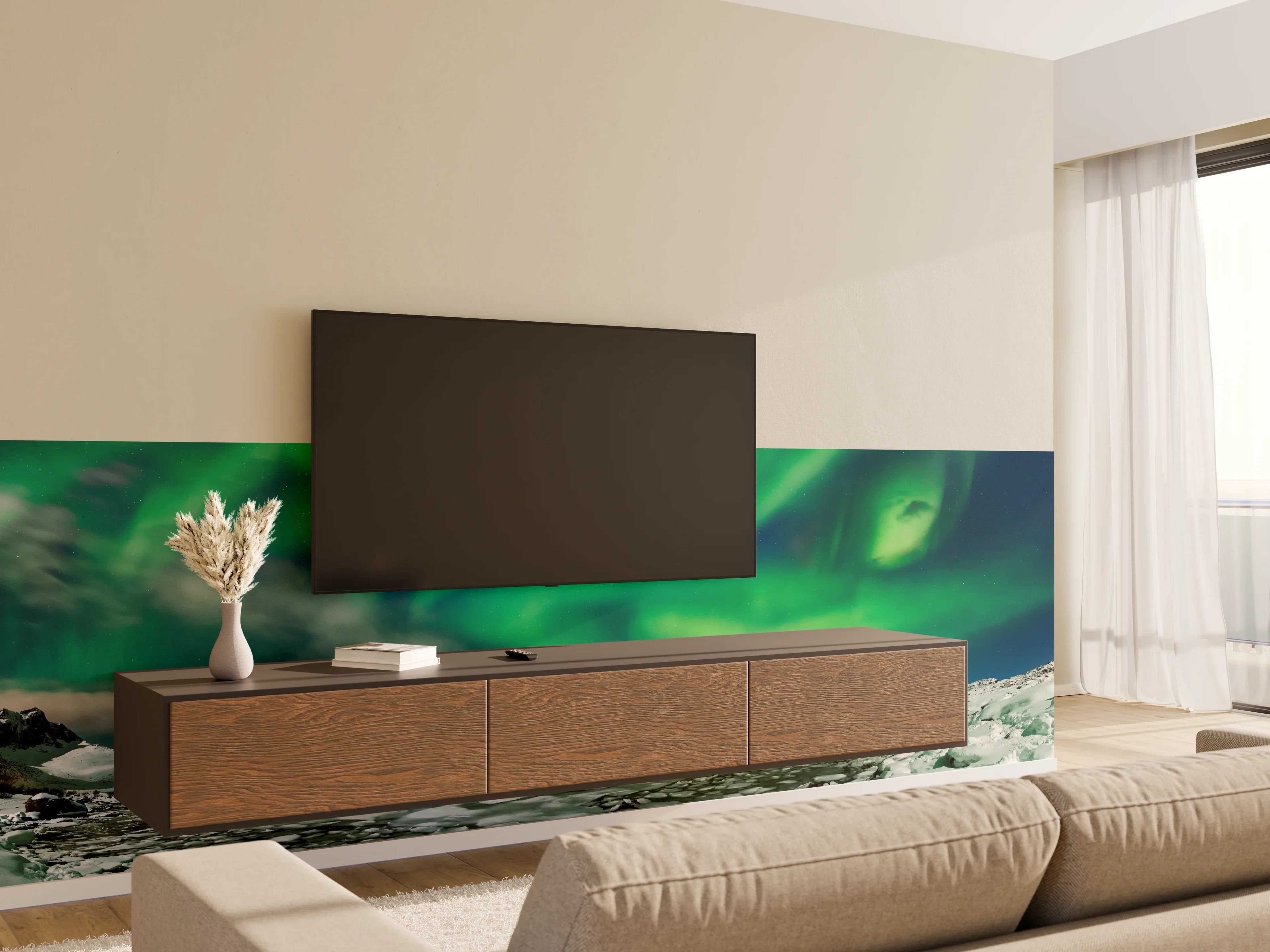 Wandverkleidung Wohnzimmer - Nordlichter über arktischer Küste