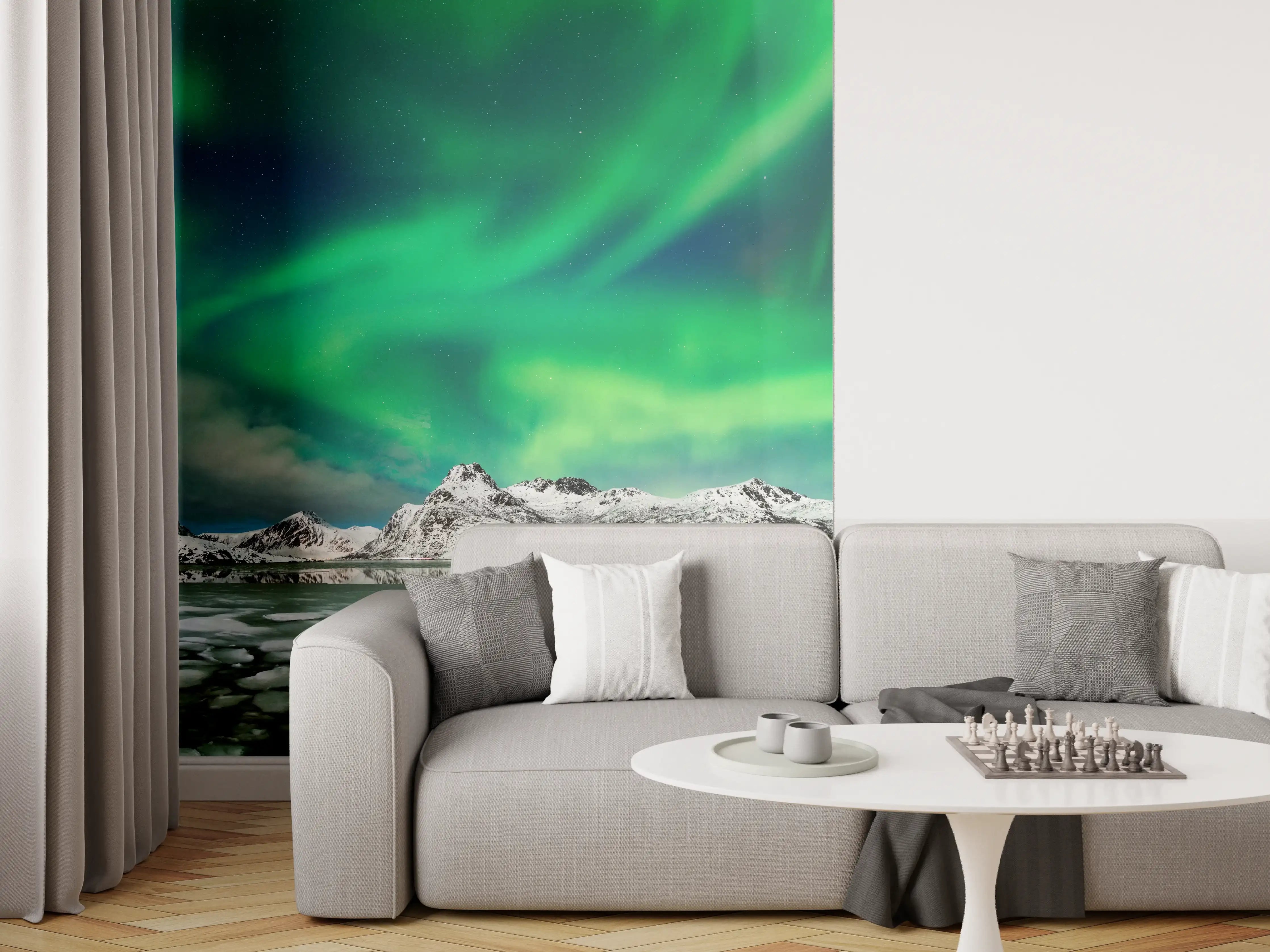 Wandverkleidung Wohnzimmer - Nordlichter über arktischer Küste