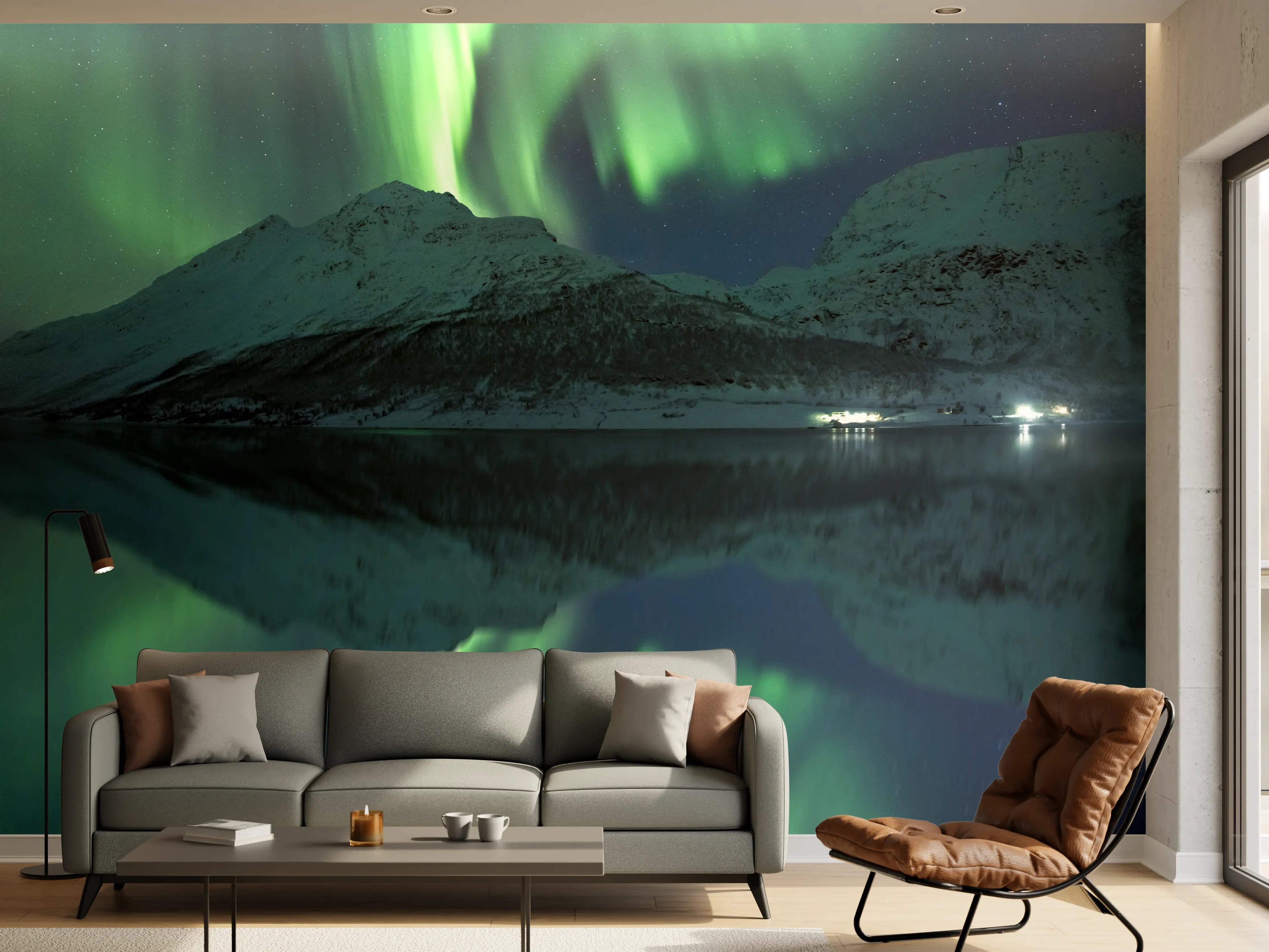 Wandverkleidung Wohnzimmer - Nordlichter über der verschneiten Landschaft