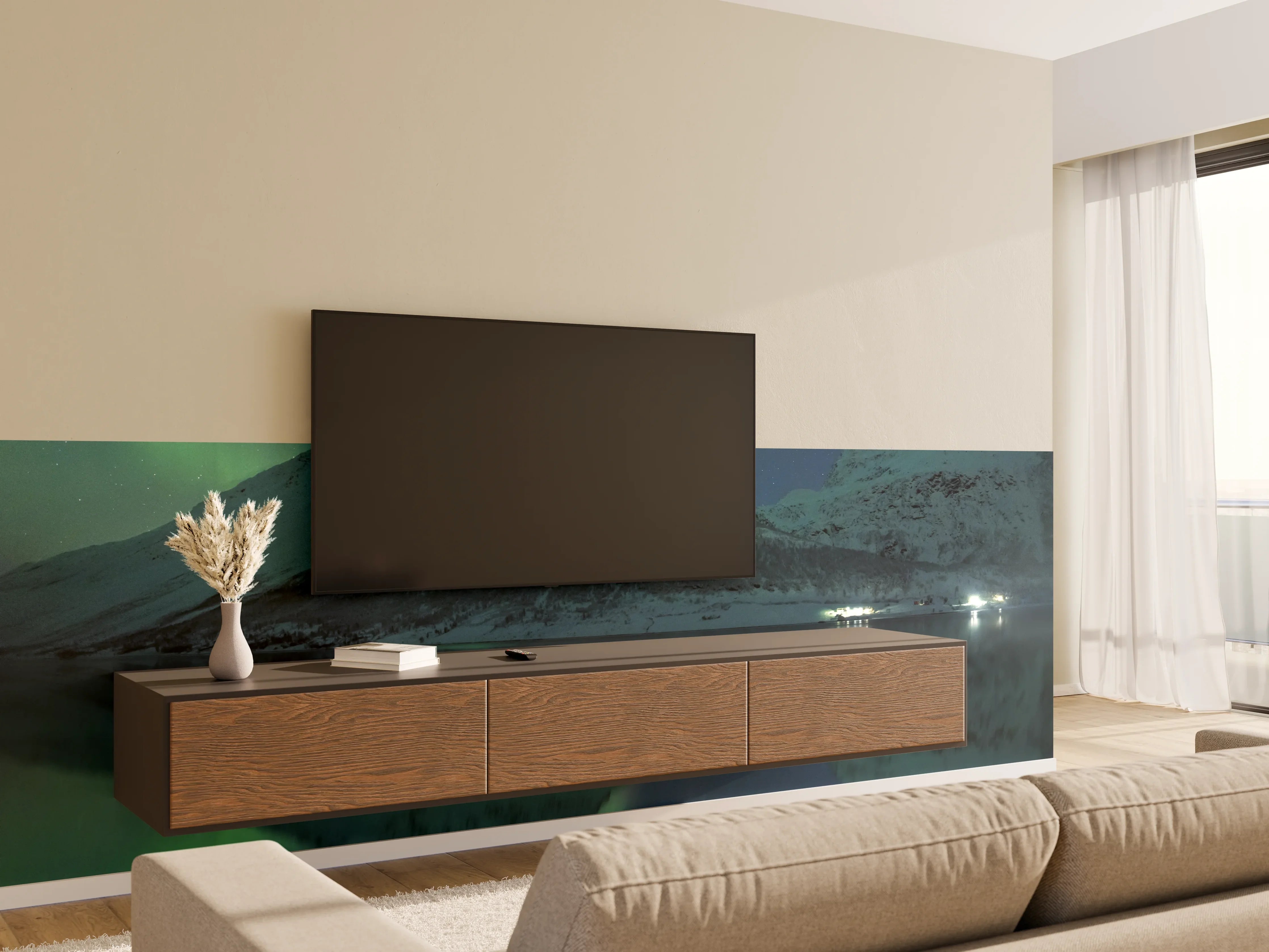 Wandverkleidung Wohnzimmer - Nordlichter über der verschneiten Landschaft