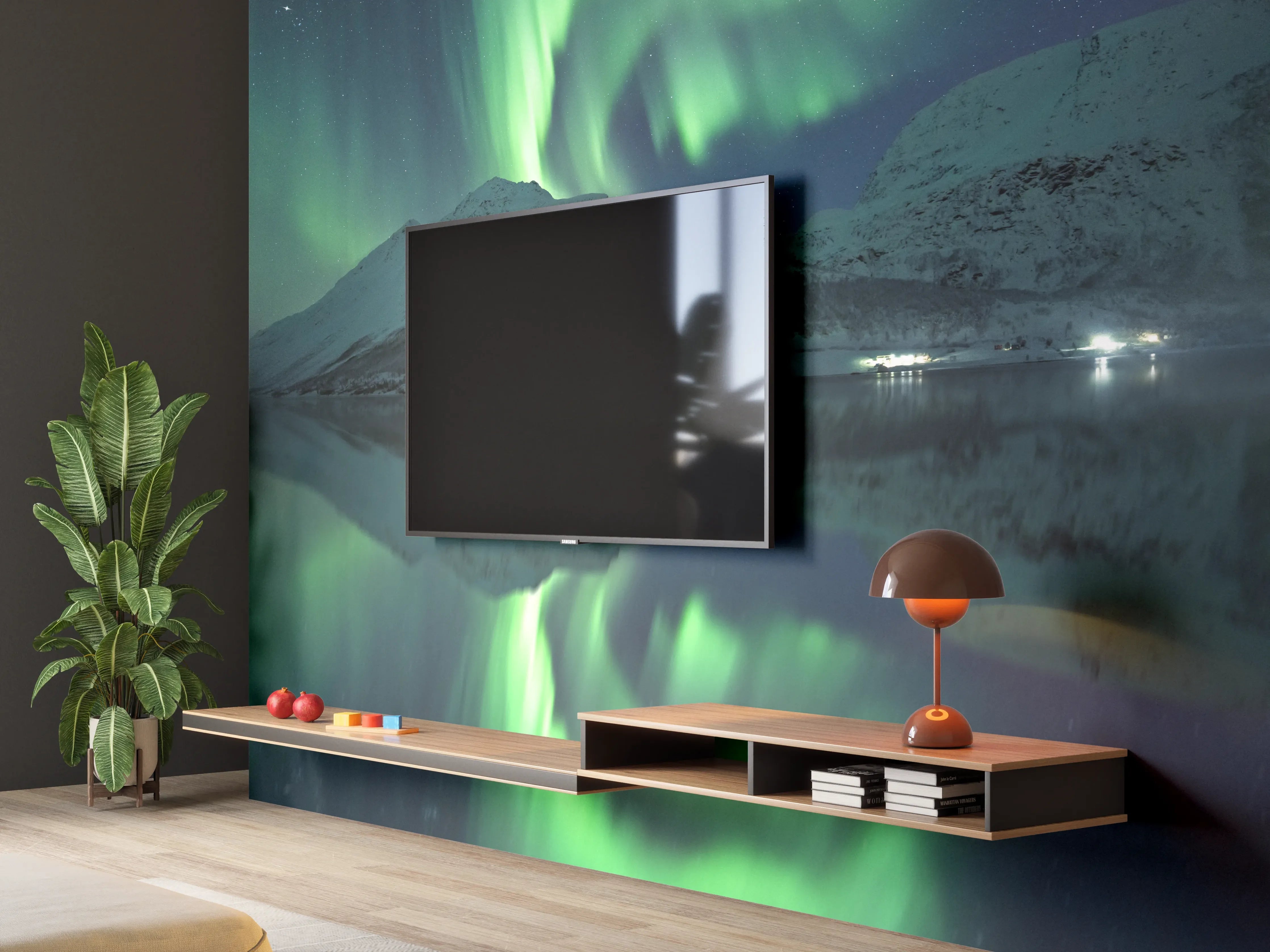Wandverkleidung Wohnzimmer - Nordlichter über der verschneiten Landschaft