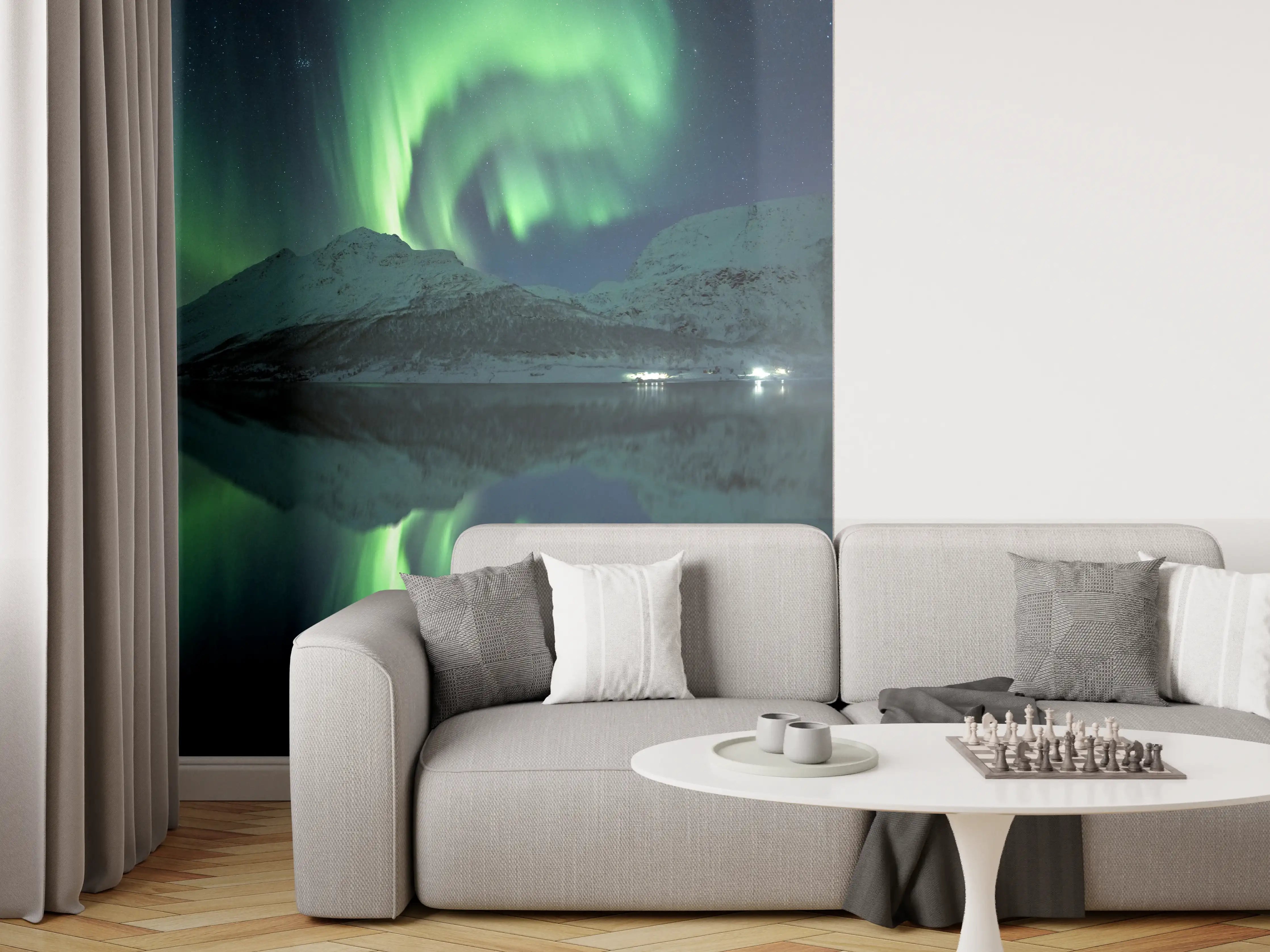 Wandverkleidung Wohnzimmer - Nordlichter über der verschneiten Landschaft