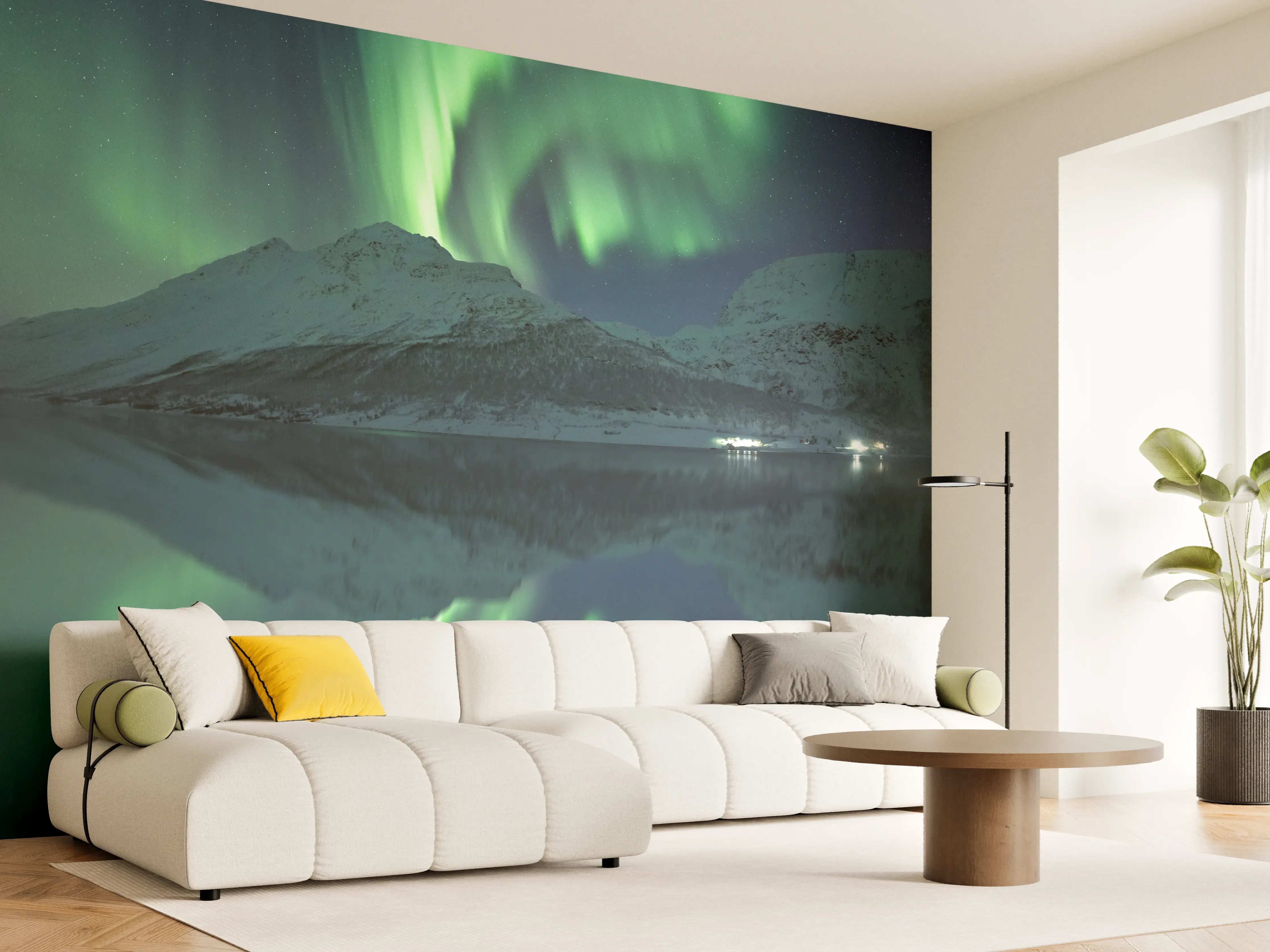 Wandverkleidung Wohnzimmer - Nordlichter über der verschneiten Landschaft
