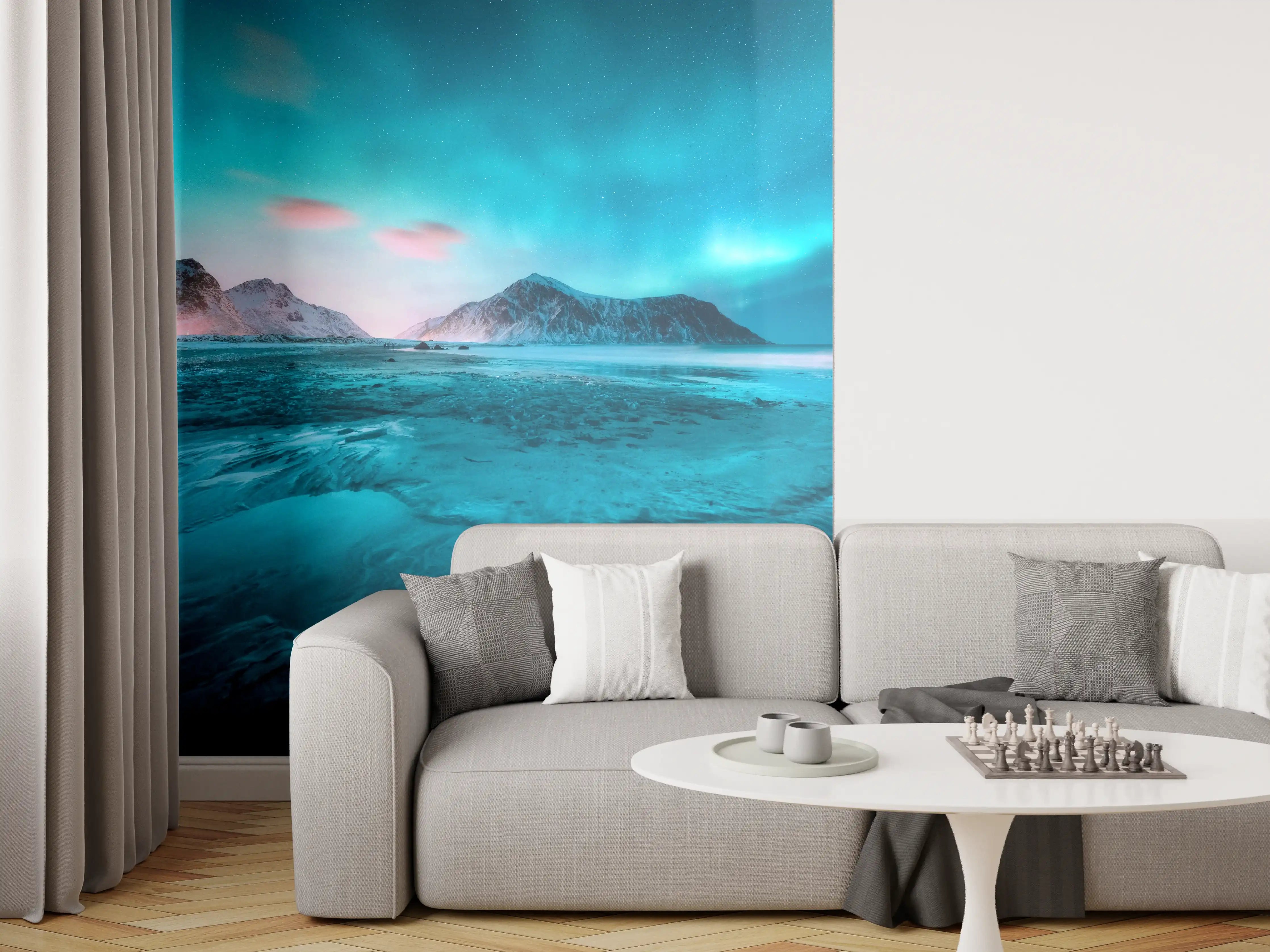 Wandverkleidung Wohnzimmer - Nordlichter über eisbedecktem Strand