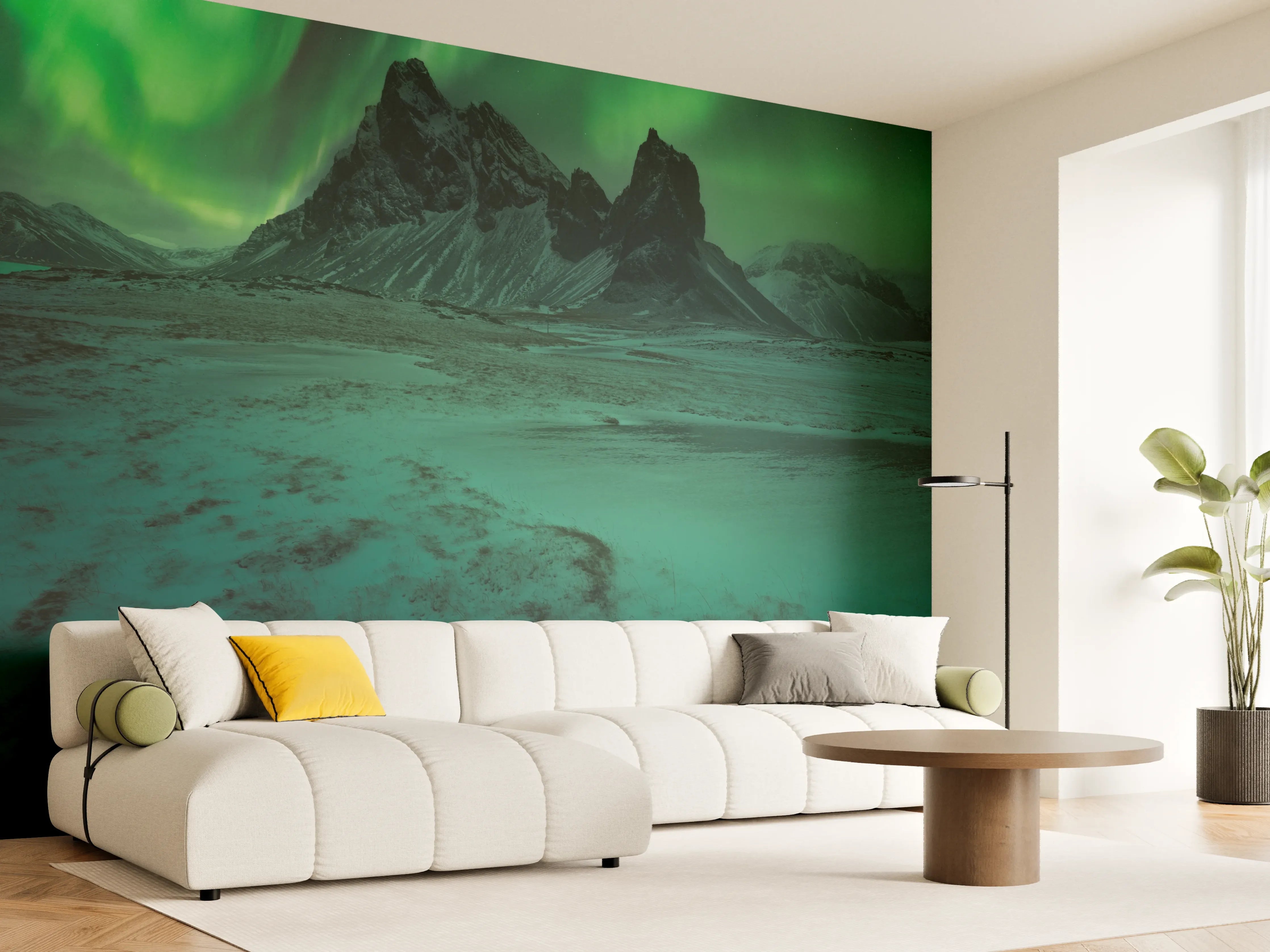 Wandverkleidung Wohnzimmer - Nordlichter über schneebedezten Berglandschaft
