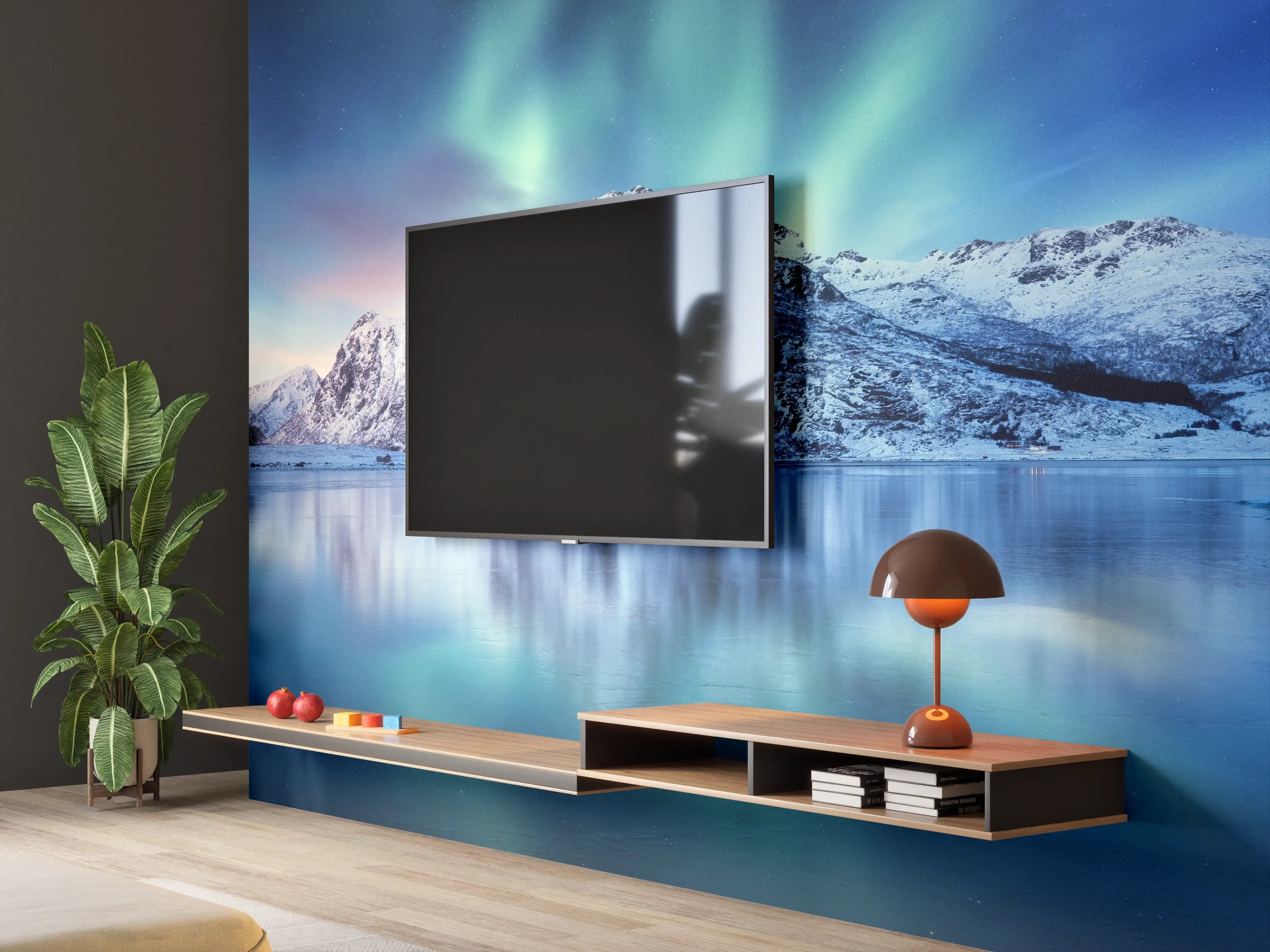 Wandverkleidung Wohnzimmer - Nordlichter über verschneitem Berg
