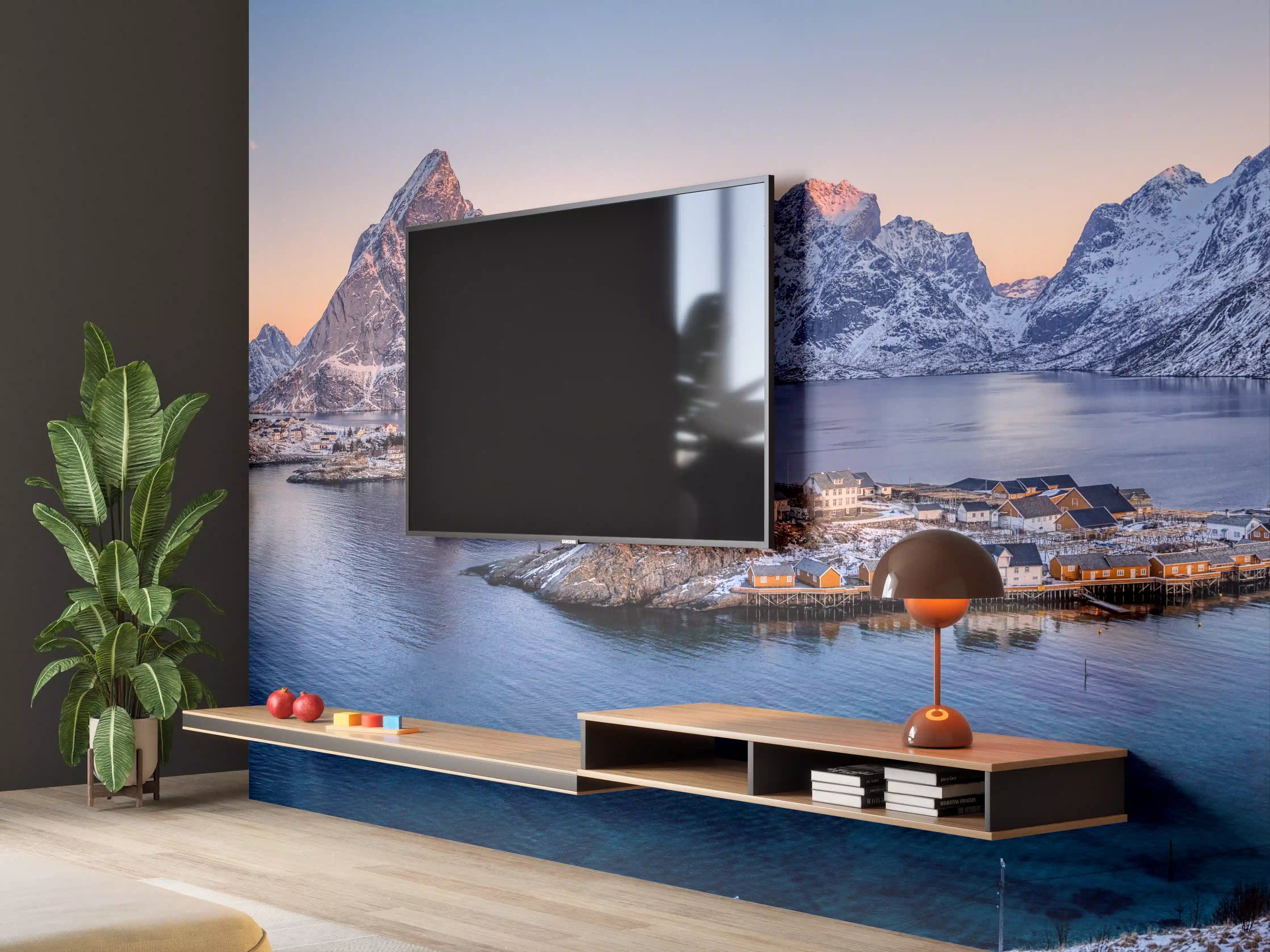 Wandverkleidung Wohnzimmer - Norwegen Fjord Panorama Blau-Weiß