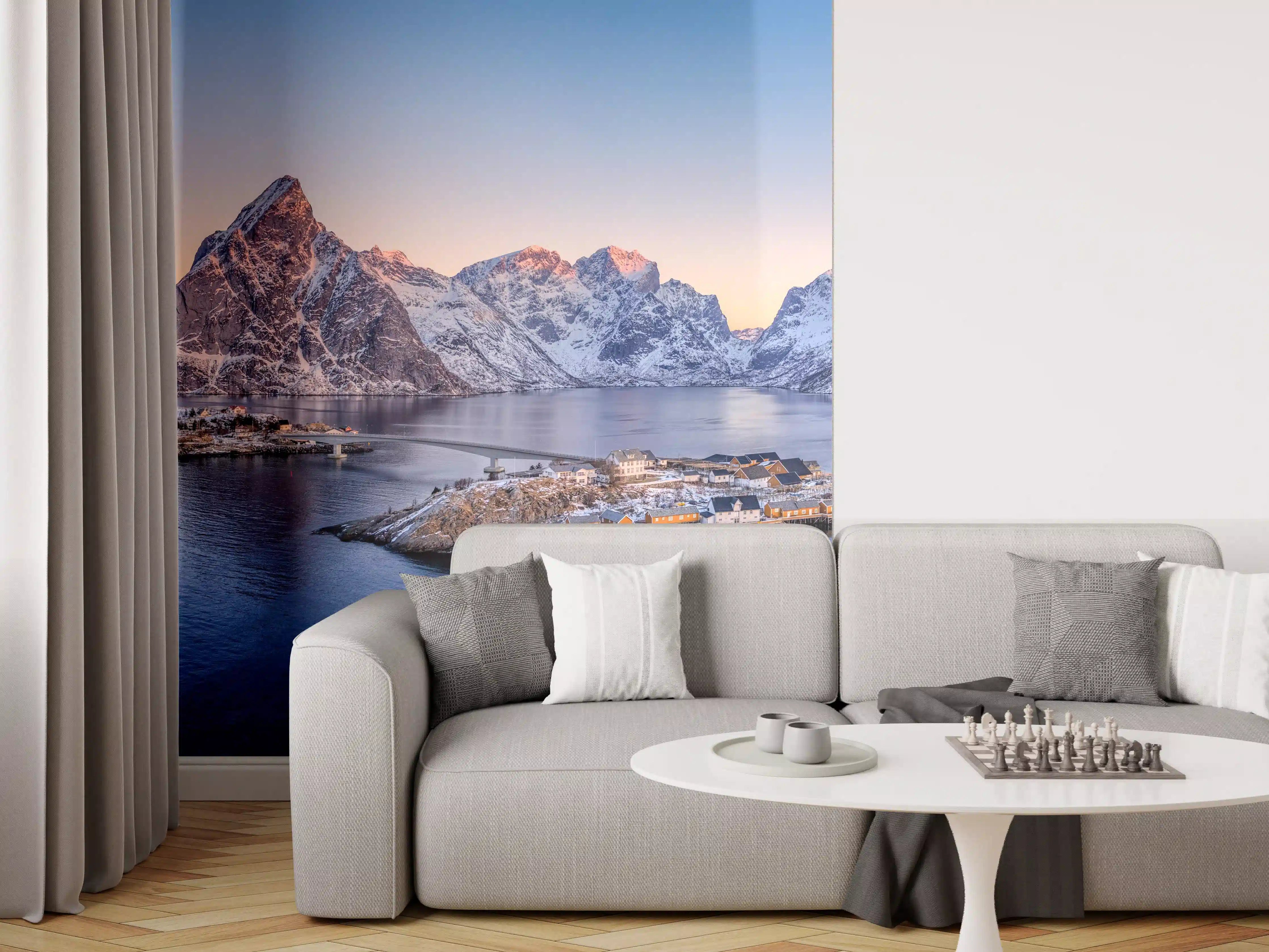 Wandverkleidung Wohnzimmer - Norwegen Fjord Panorama Blau-Weiß