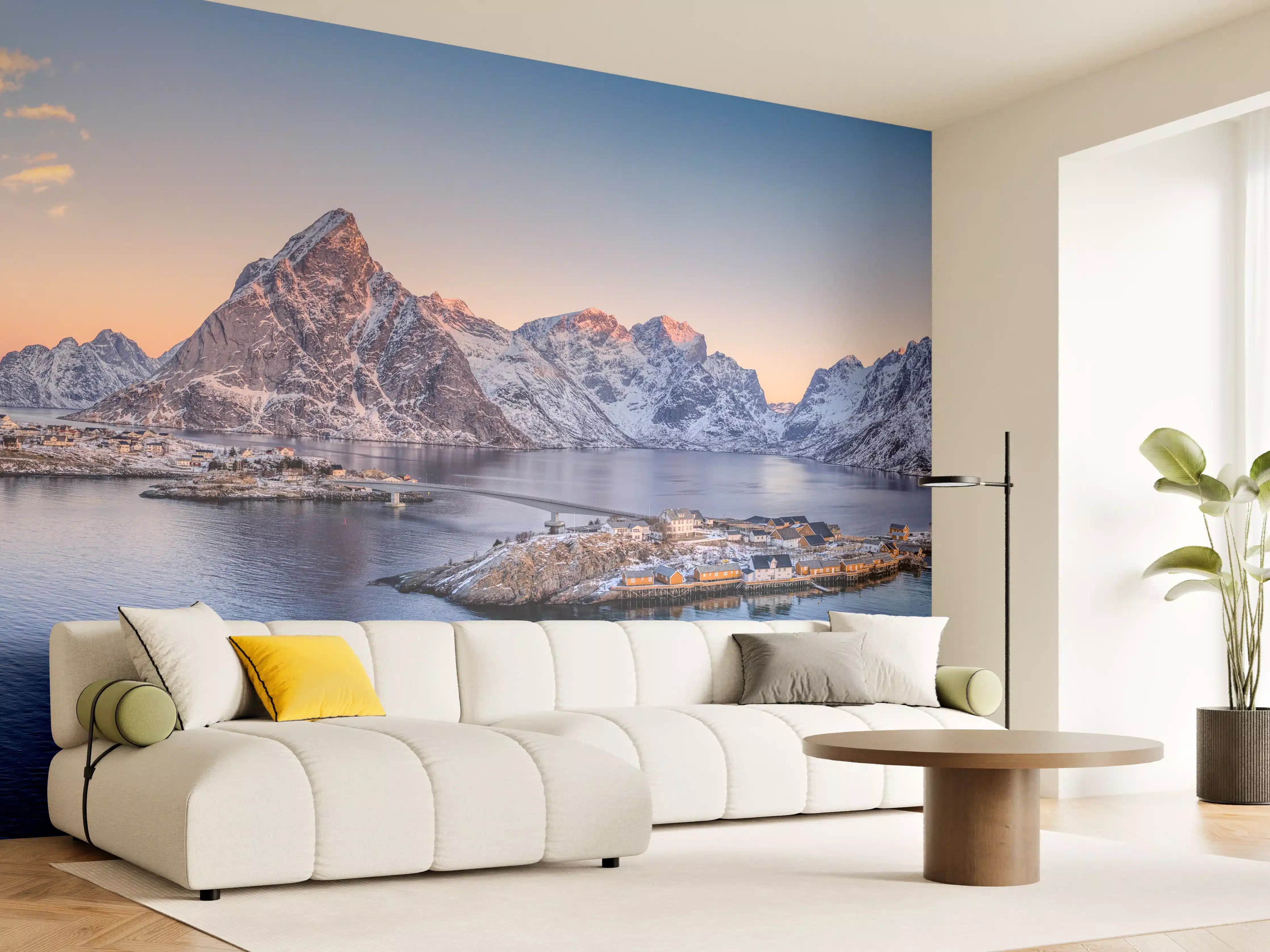 Wandverkleidung Wohnzimmer - Norwegen Fjord Panorama Blau-Weiß