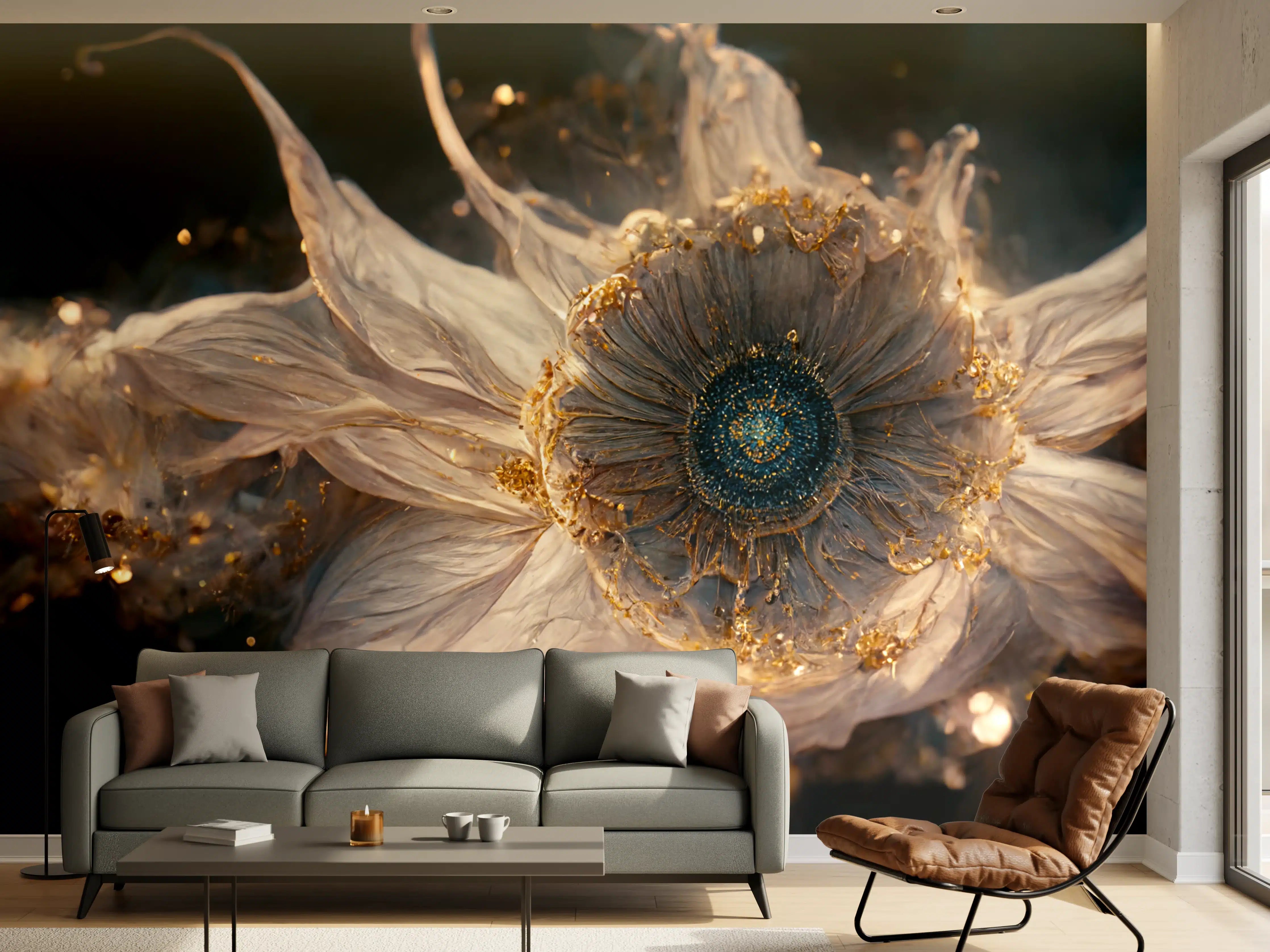 Wandverkleidung Wohnzimmer - Öl-ähnliche Blume mit goldenen Akzenten