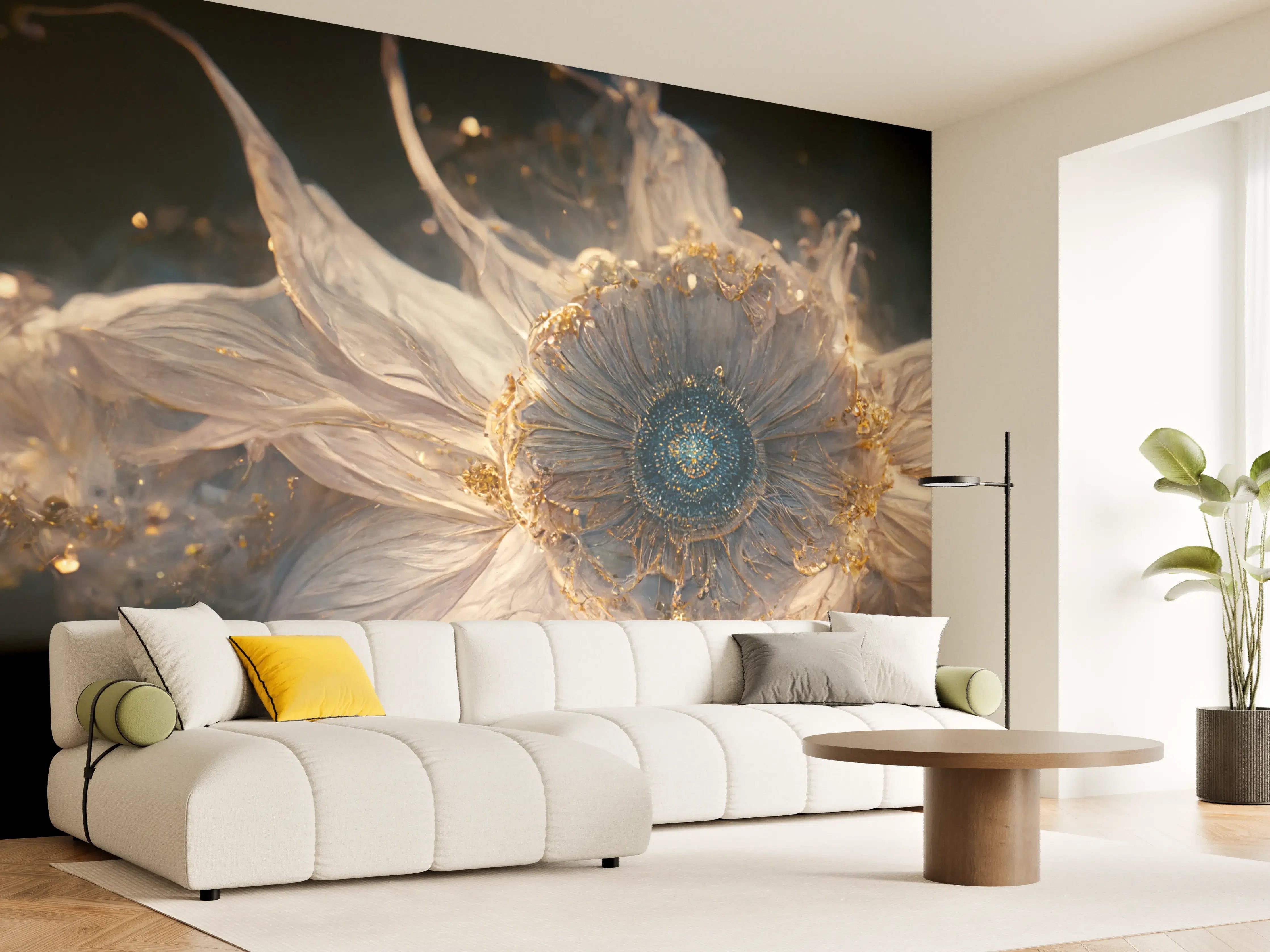 Wandverkleidung Wohnzimmer - Öl-ähnliche Blume mit goldenen Akzenten