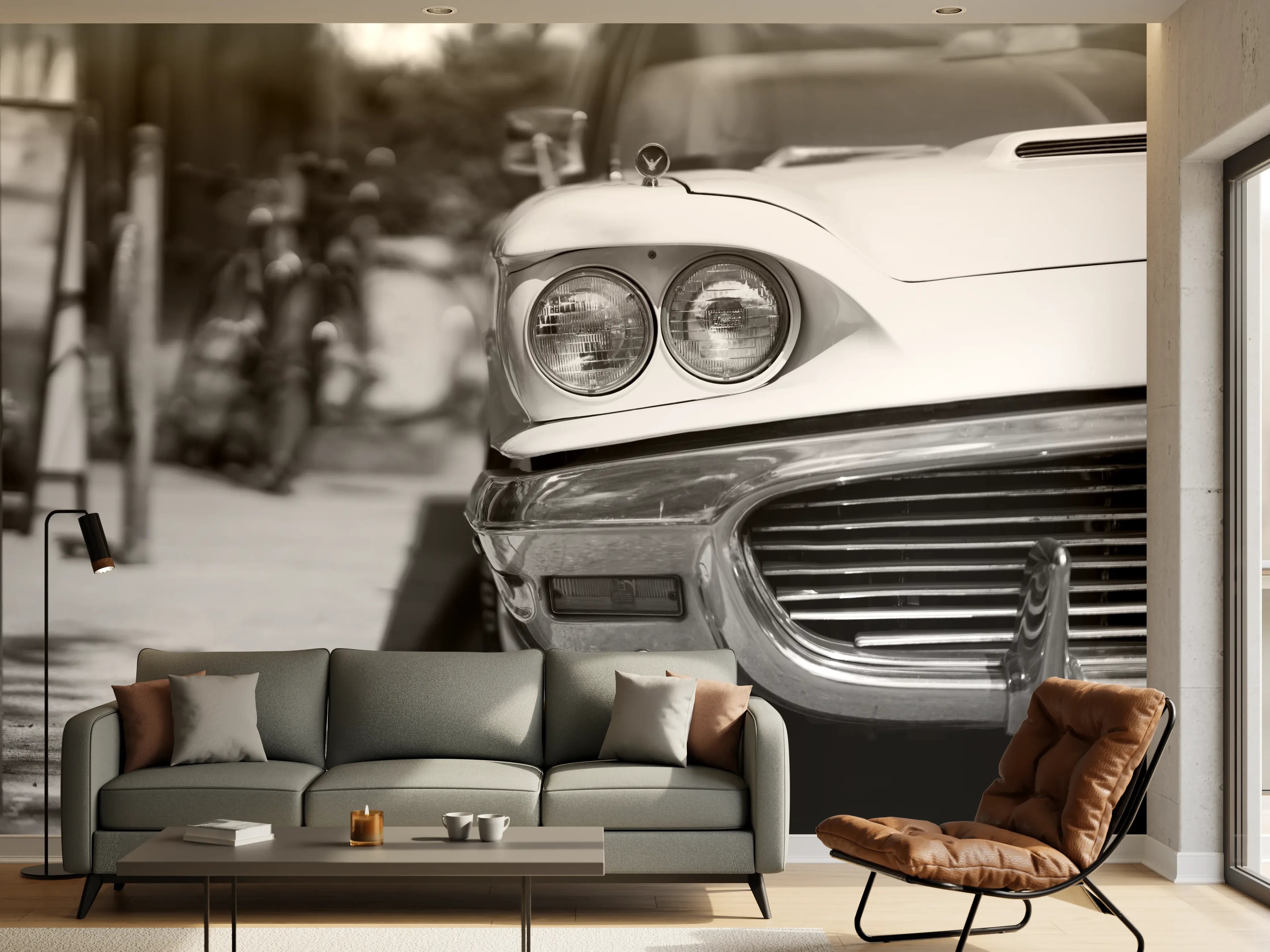 Wandverkleidung Wohnzimmer - Oldtimer-Scheinwerfer