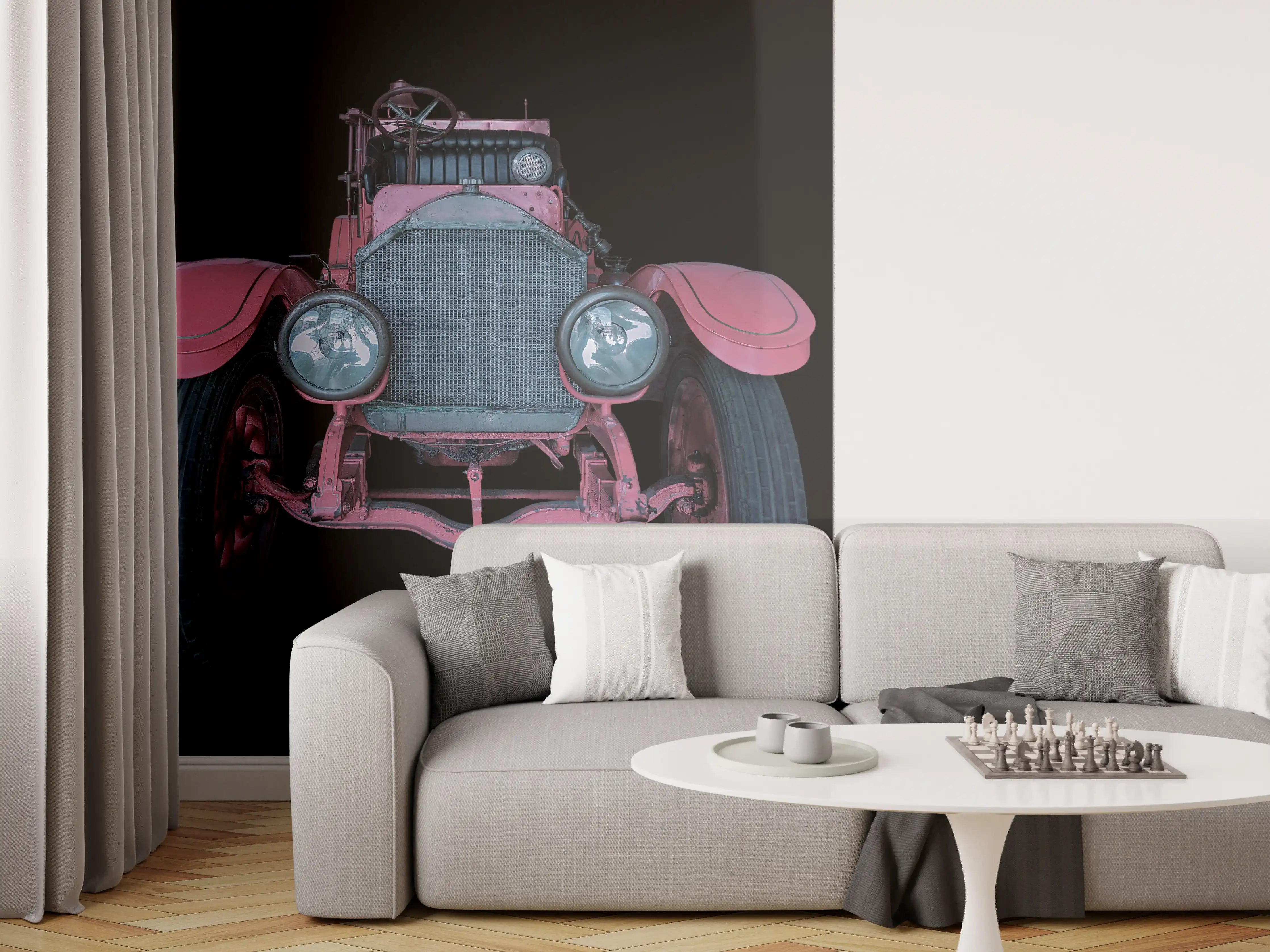 Wandverkleidung Wohnzimmer - Oldtimer isoliert auf Schwarz