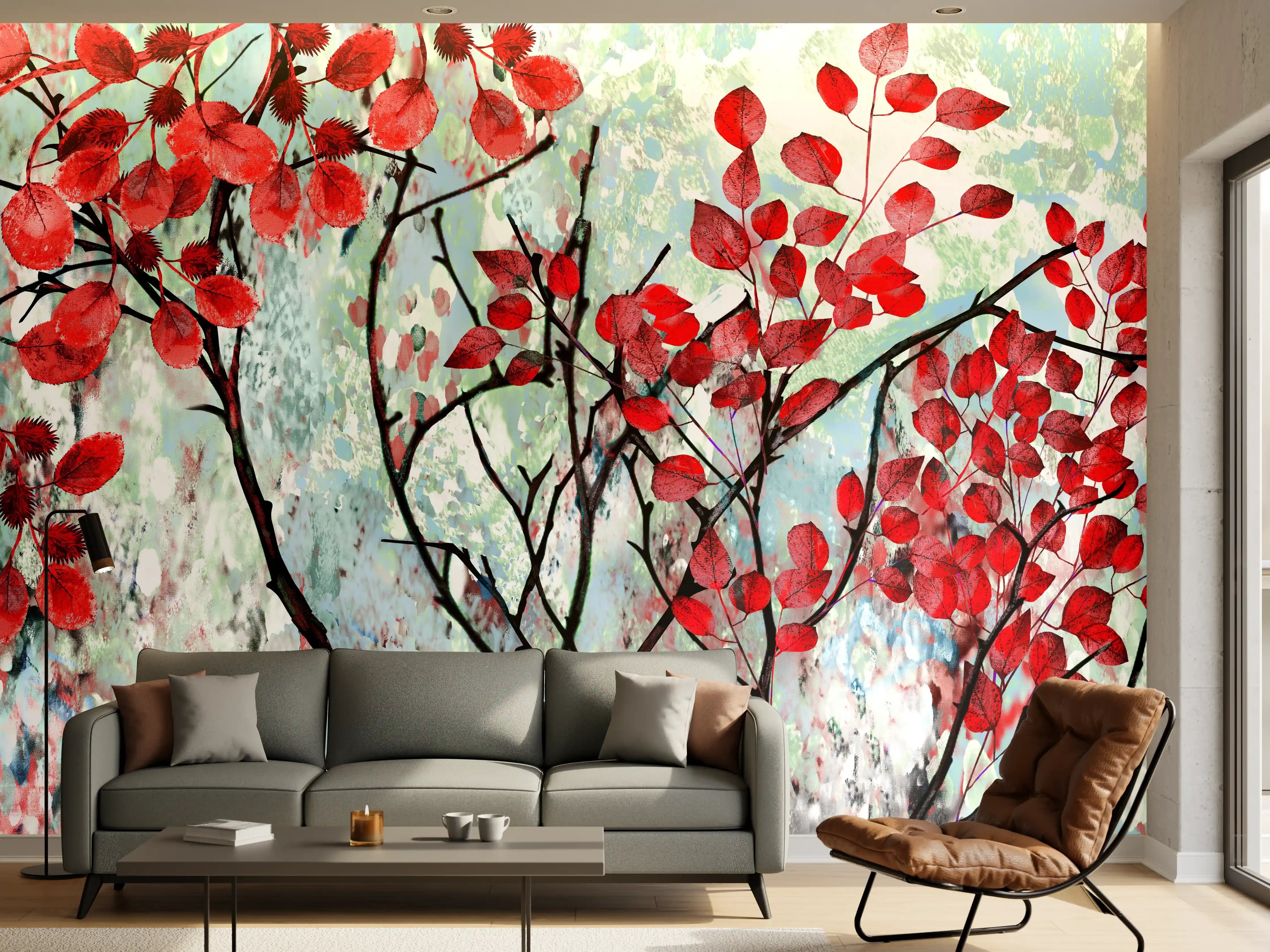 Wandverkleidung Wohnzimmer - Ölmalerei von roten Blättern im Frühling