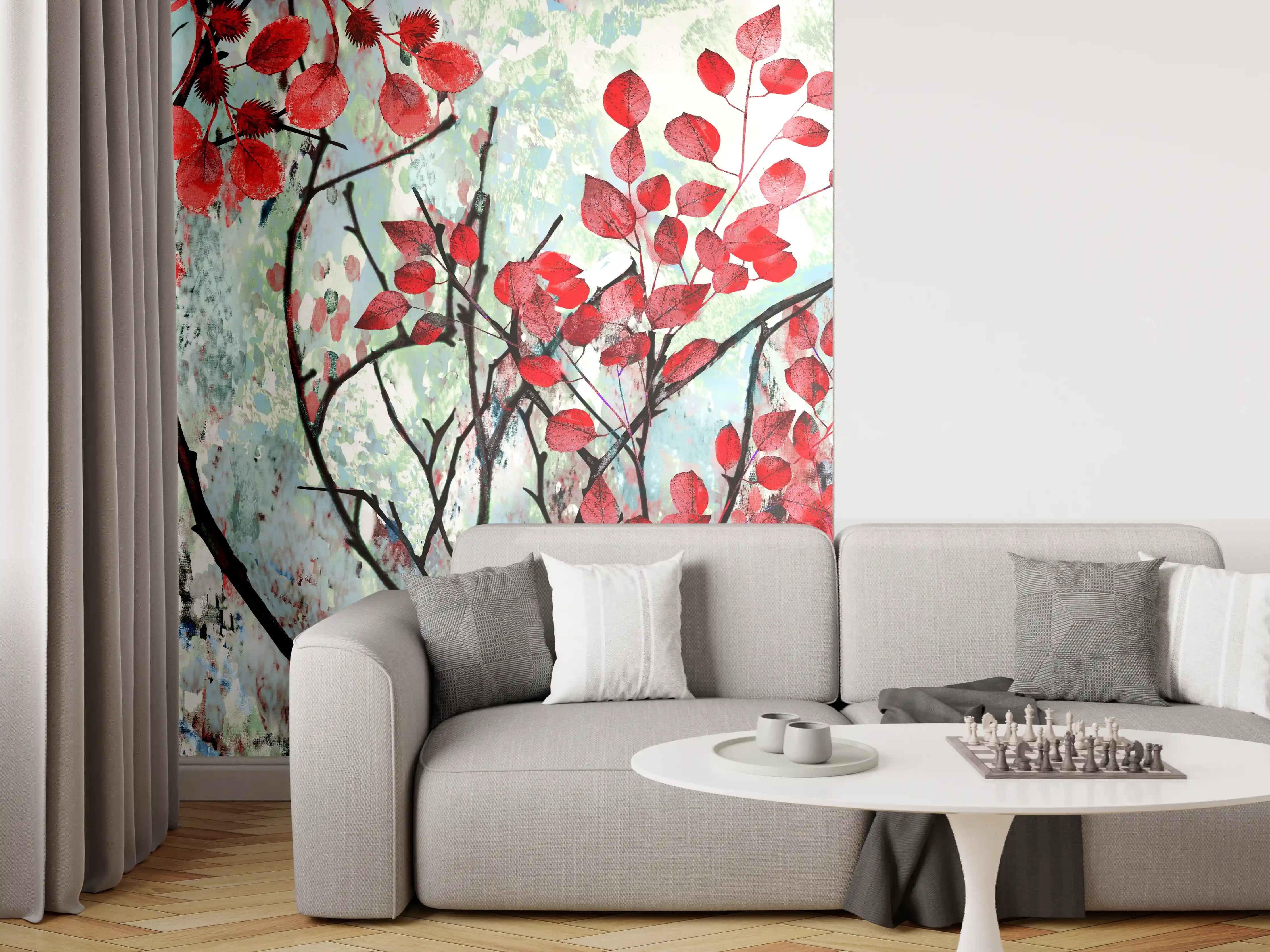 Wandverkleidung Wohnzimmer - Ölmalerei von roten Blättern im Frühling