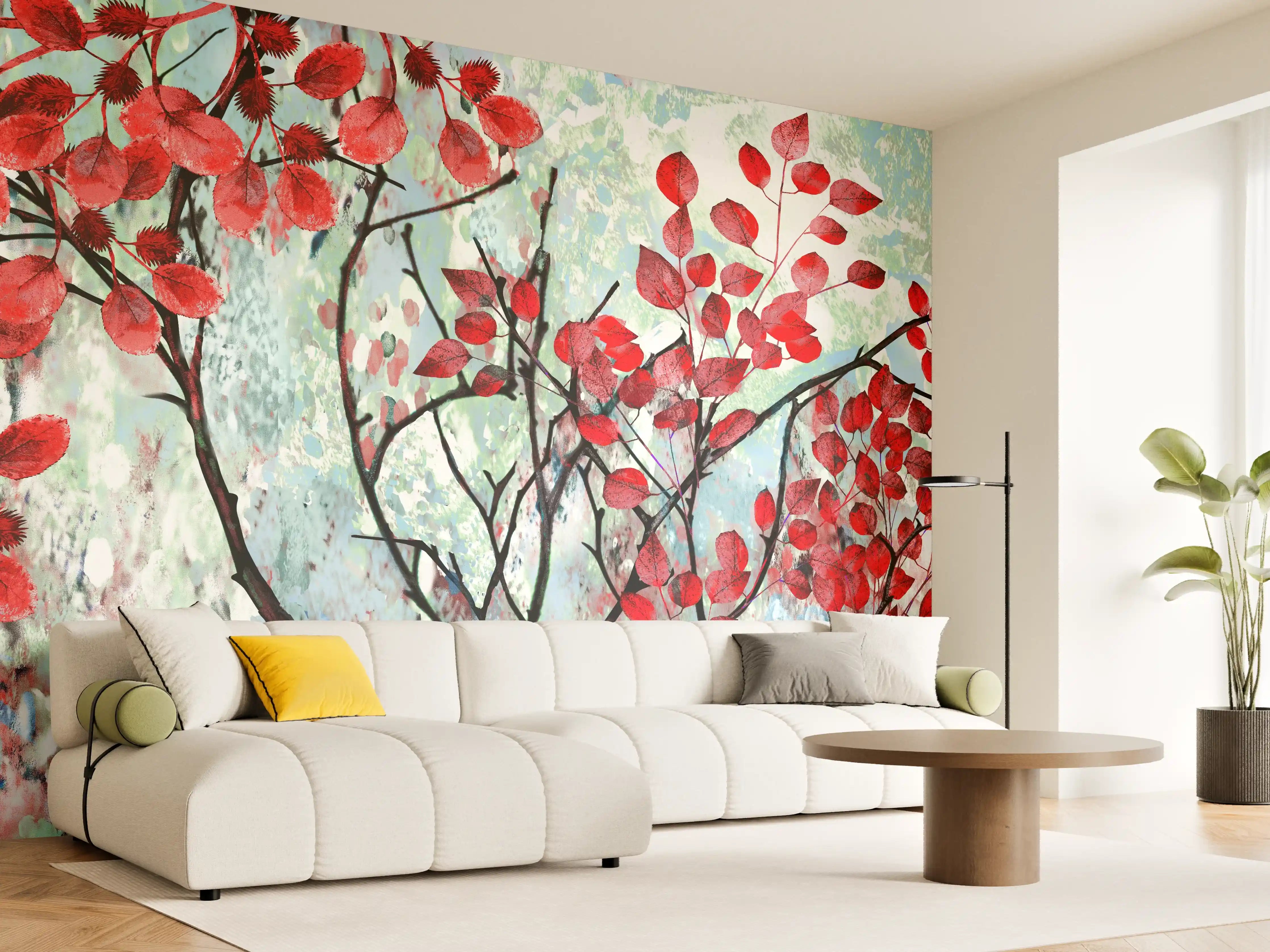 Wandverkleidung Wohnzimmer - Ölmalerei von roten Blättern im Frühling