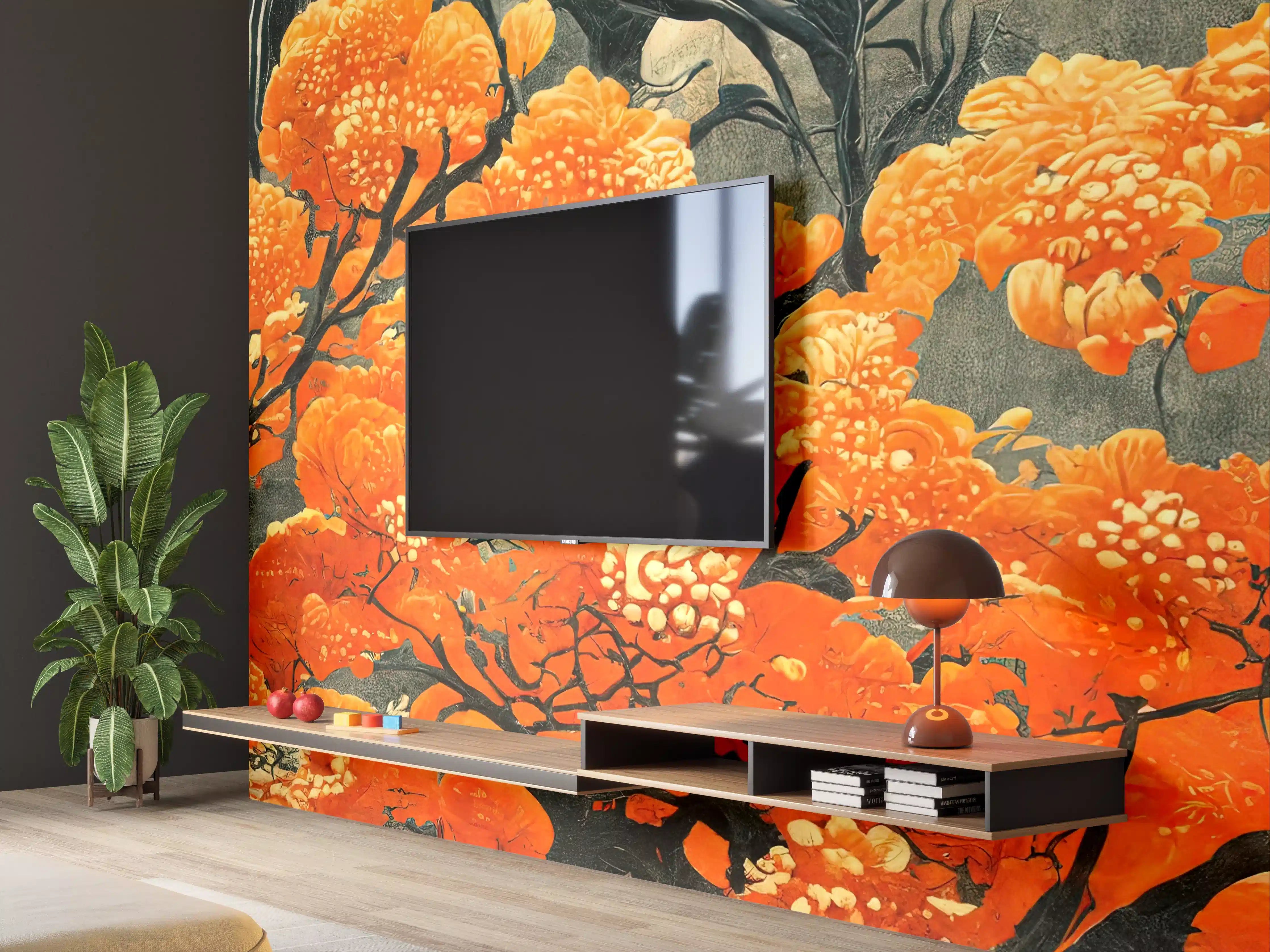 Wandverkleidung Wohnzimmer - Orange Cloudberries in Kunstvoller Malerei