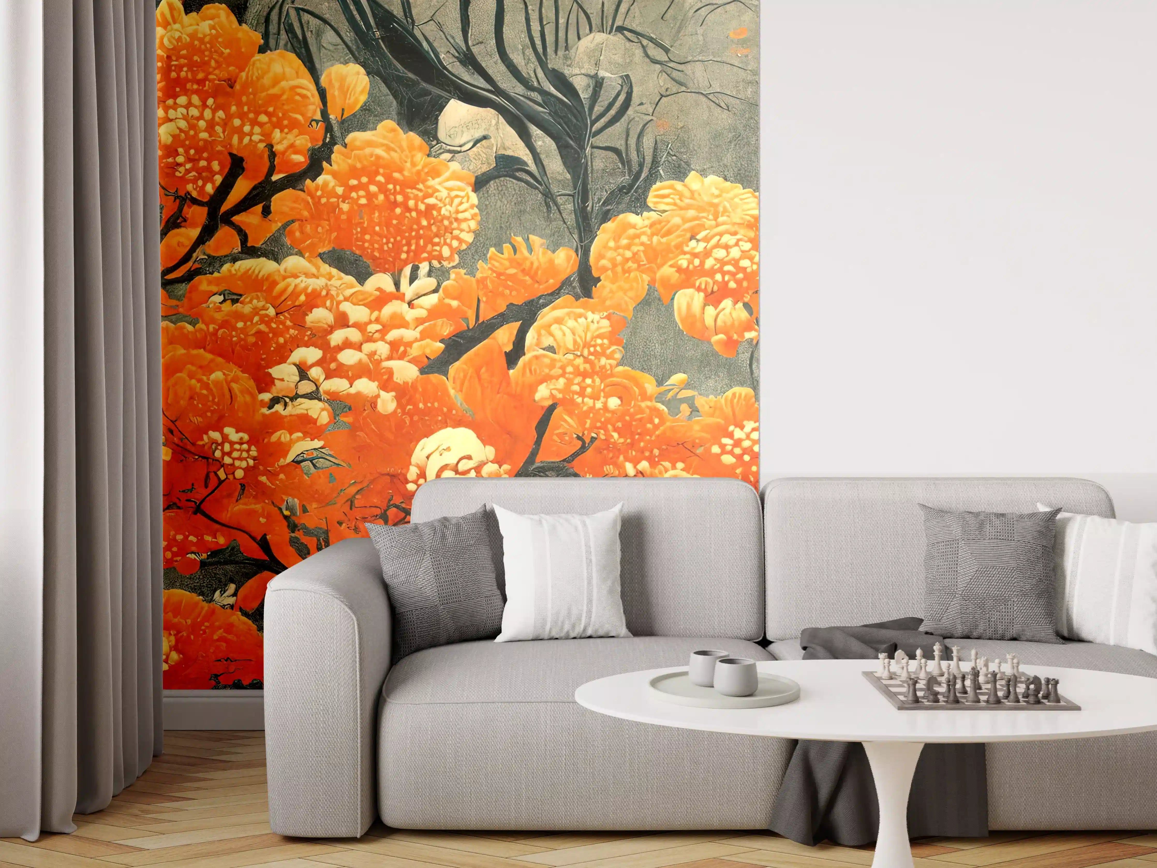Wandverkleidung Wohnzimmer - Orange Cloudberries in Kunstvoller Malerei