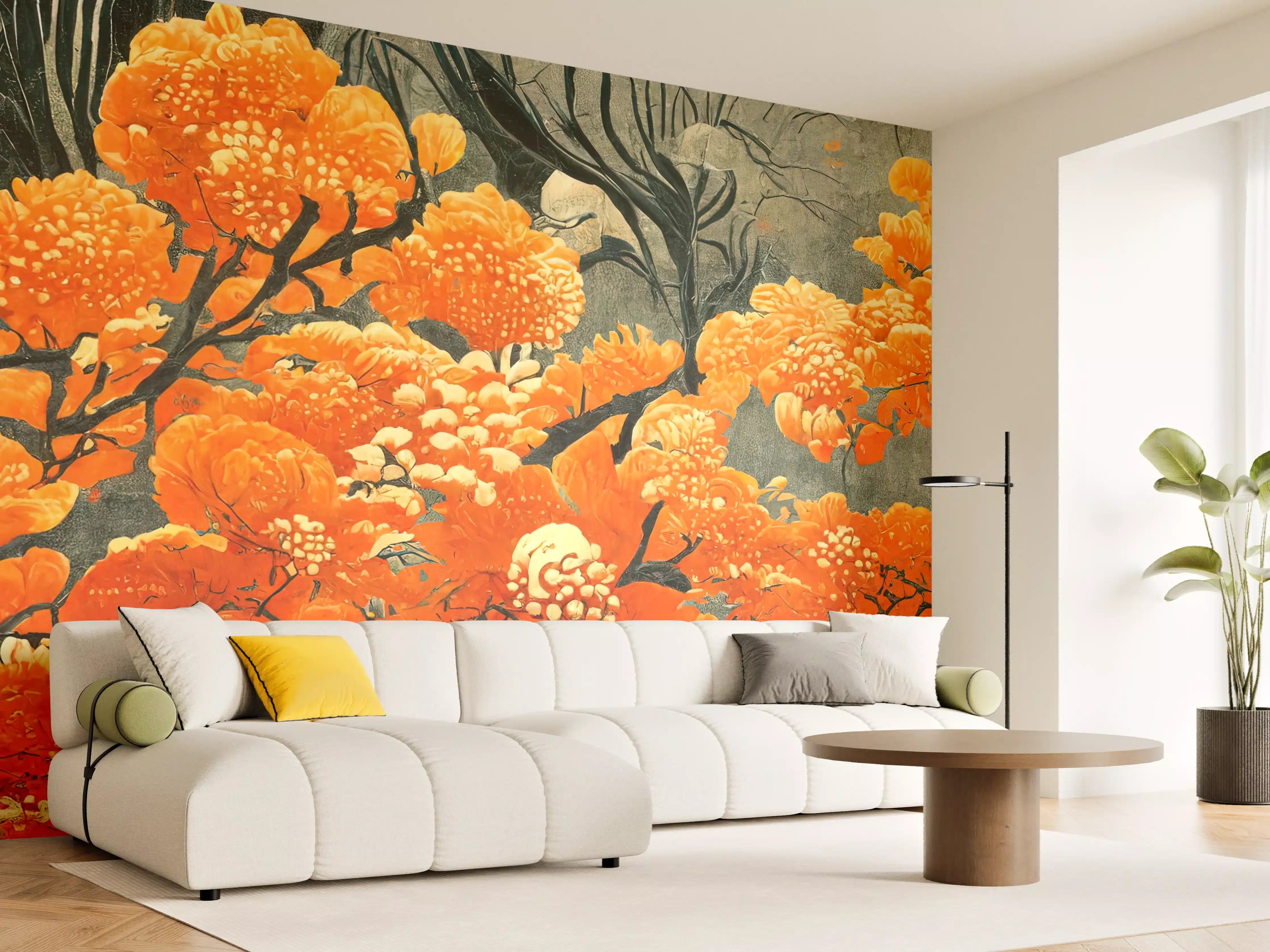 Wandverkleidung Wohnzimmer - Orange Cloudberries in Kunstvoller Malerei