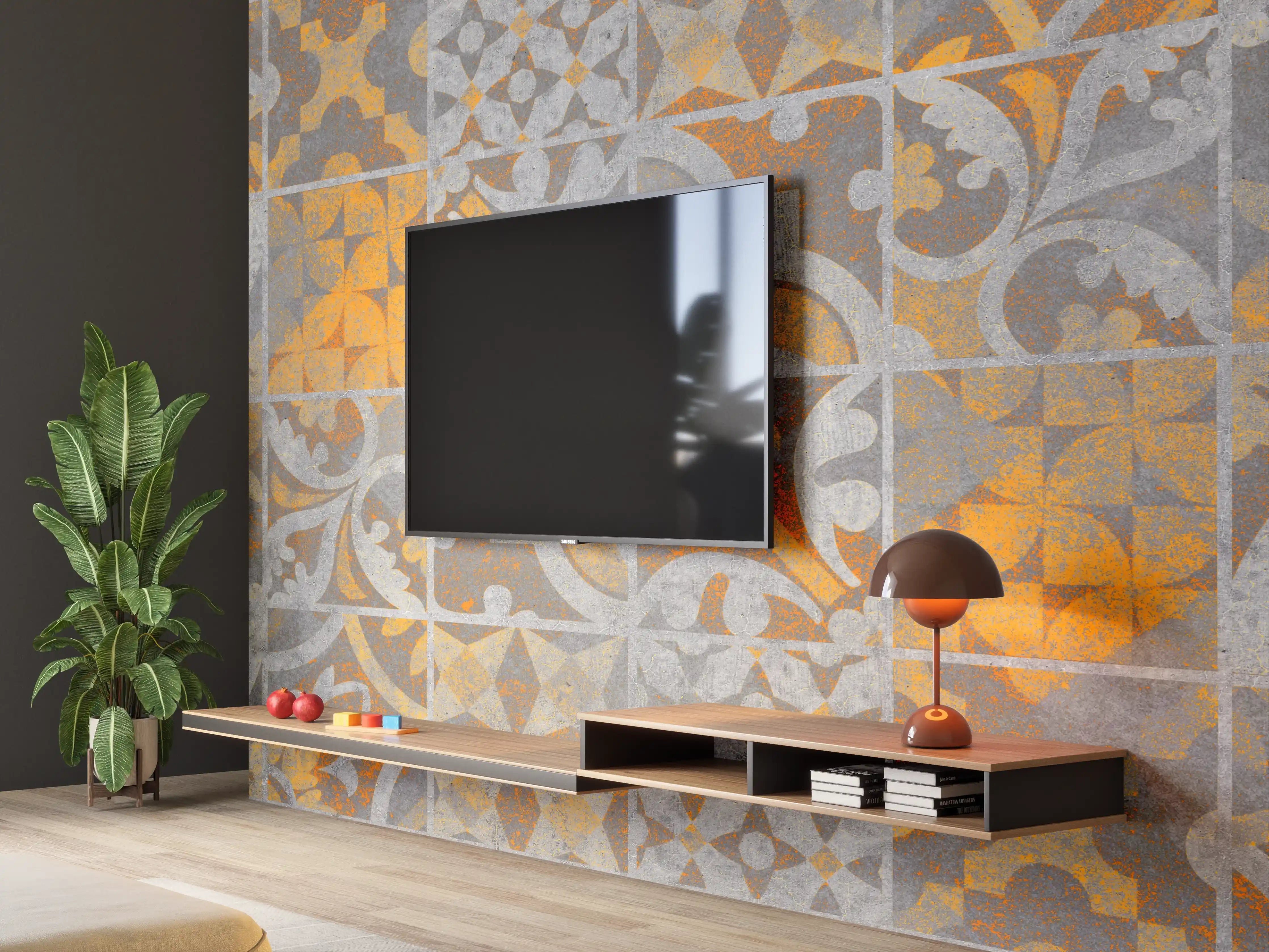 Wandverkleidung Wohnzimmer - Orange Helles Licht Stein Beton