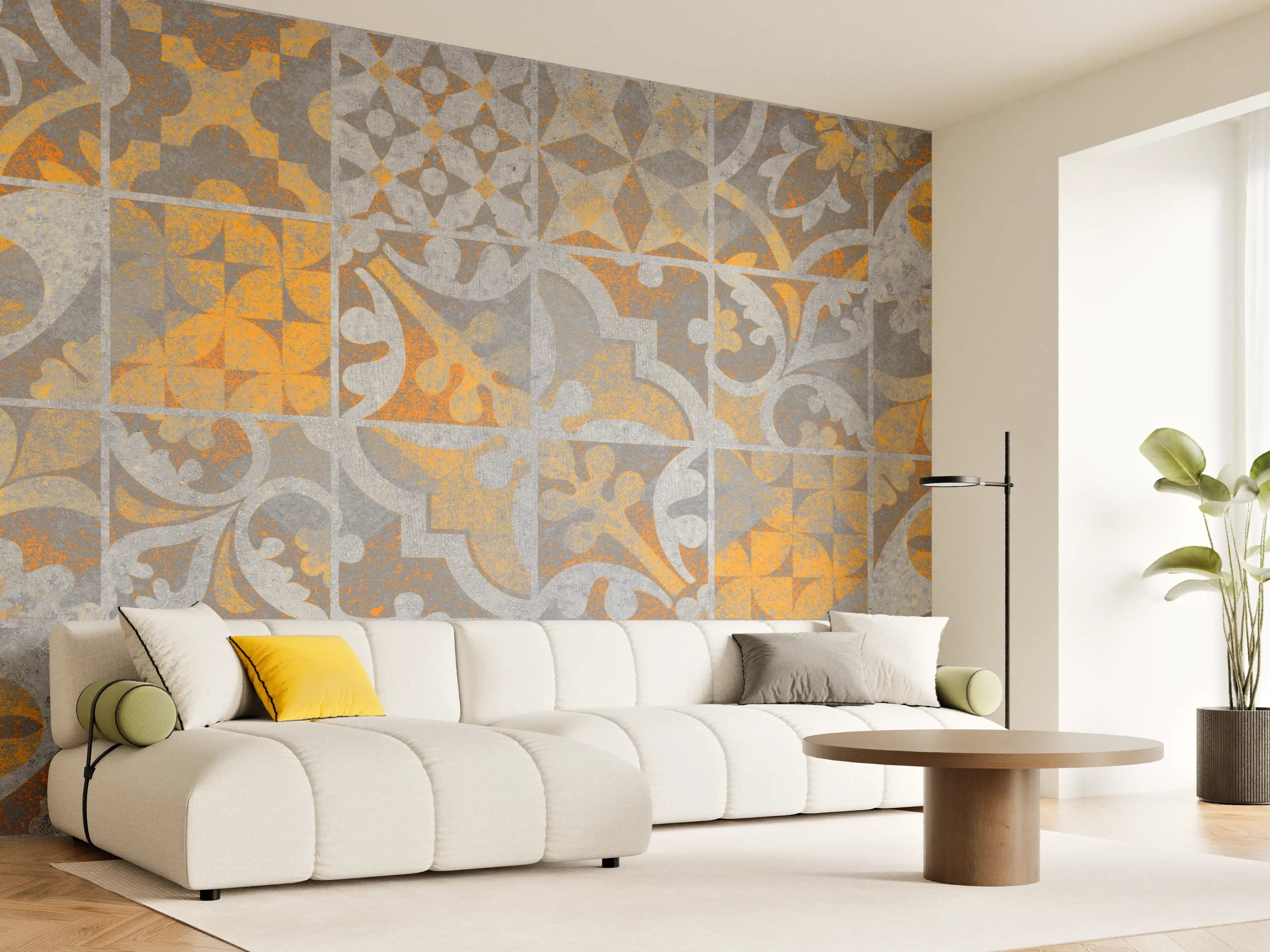 Wandverkleidung Wohnzimmer - Orange Helles Licht Stein Beton