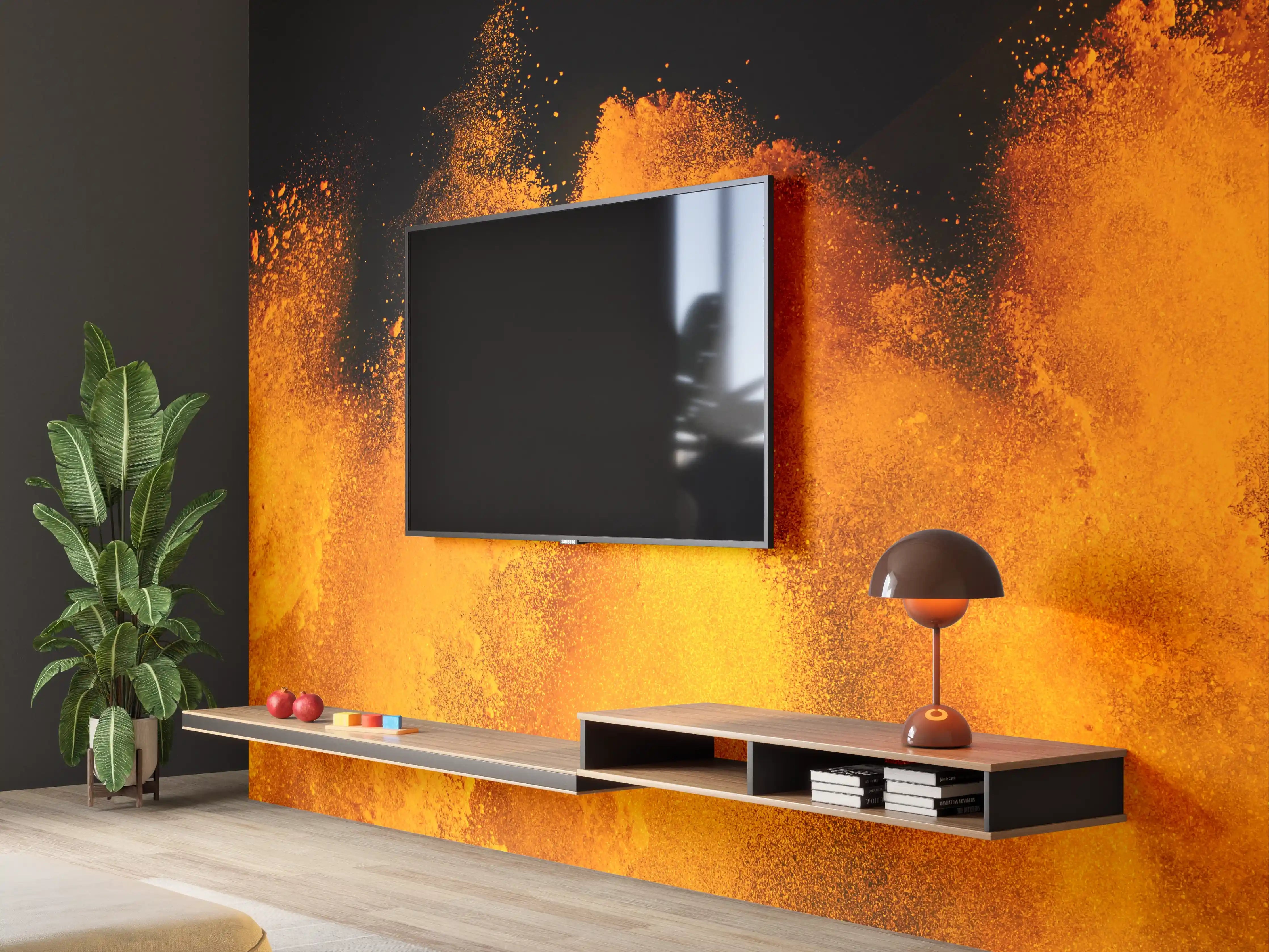 Wandverkleidung Wohnzimmer - Orange-Rote Holi Farbexplosion
