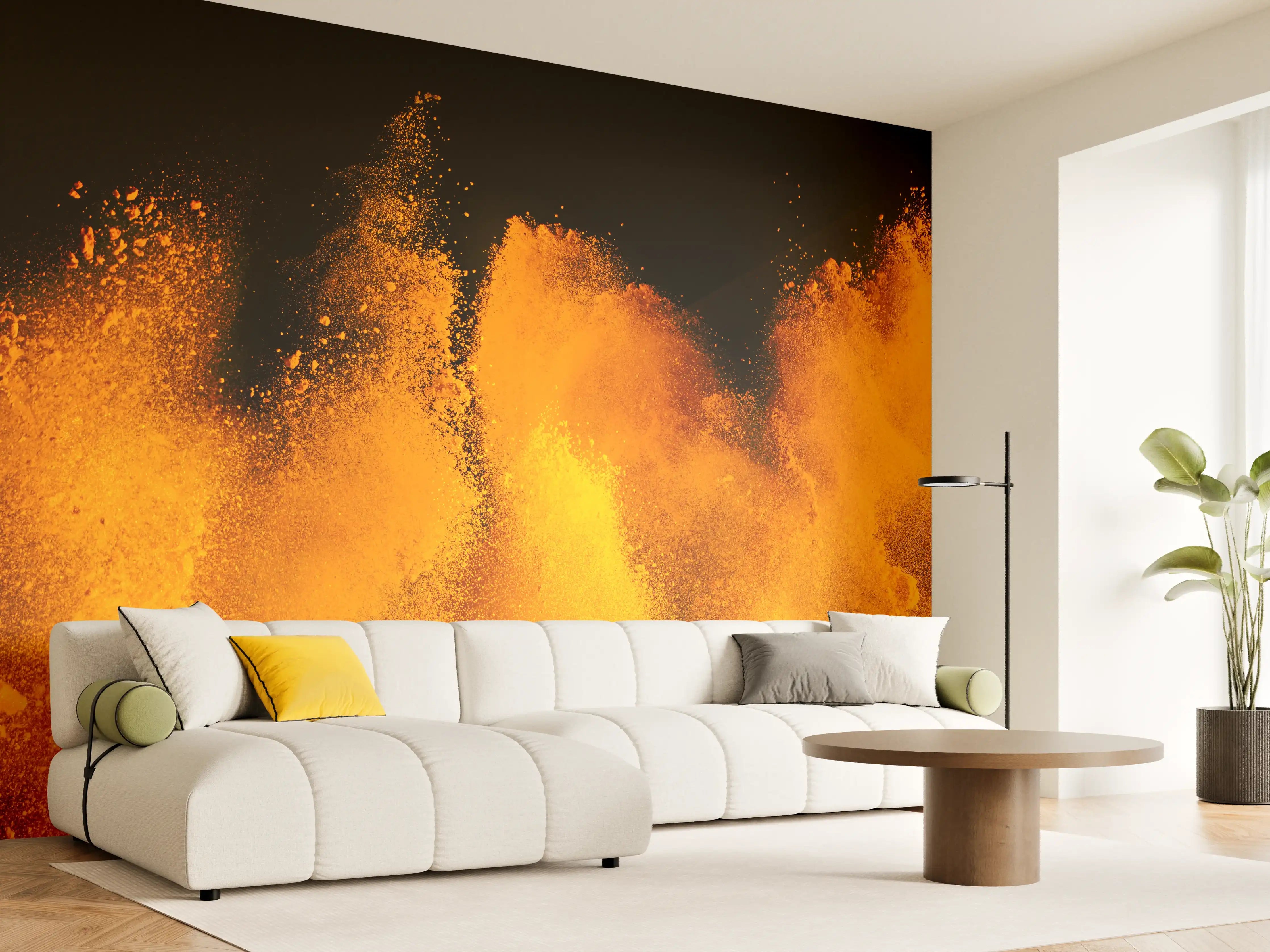 Wandverkleidung Wohnzimmer - Orange-Rote Holi Farbexplosion