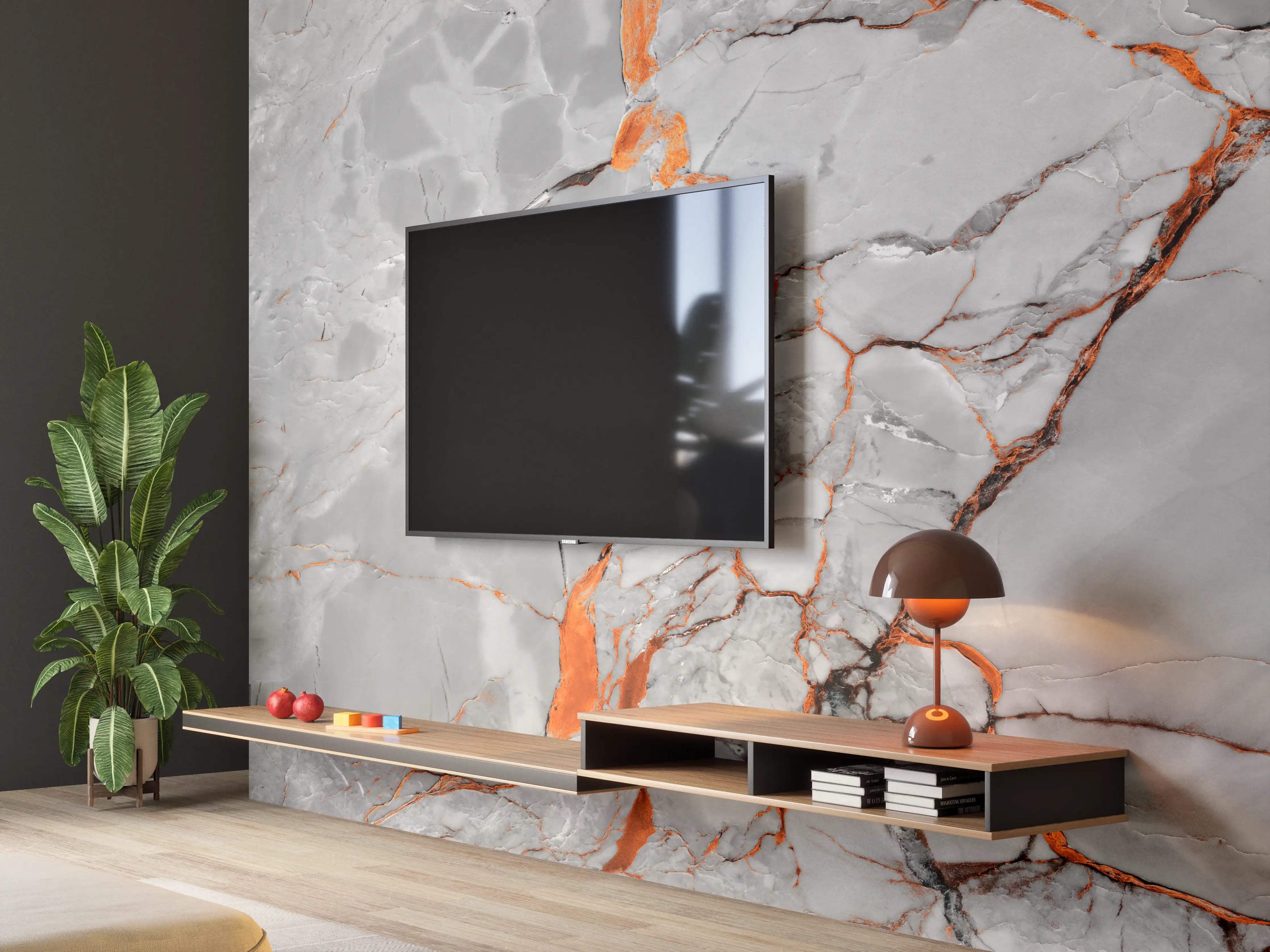 Wandverkleidung Wohnzimmer - Orange-Weiß natürliche Marmortextur