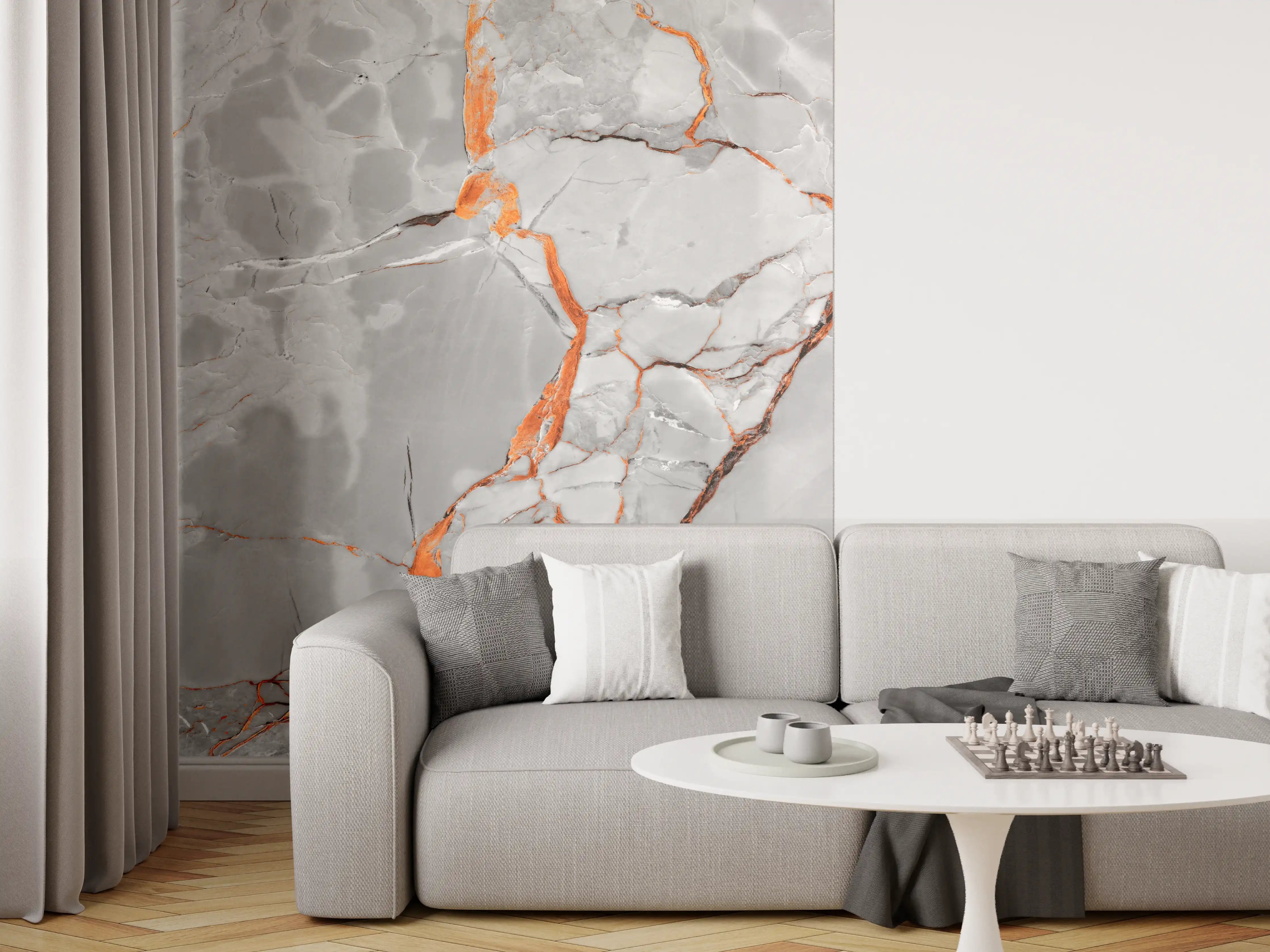 Wandverkleidung Wohnzimmer - Orange-Weiß natürliche Marmortextur