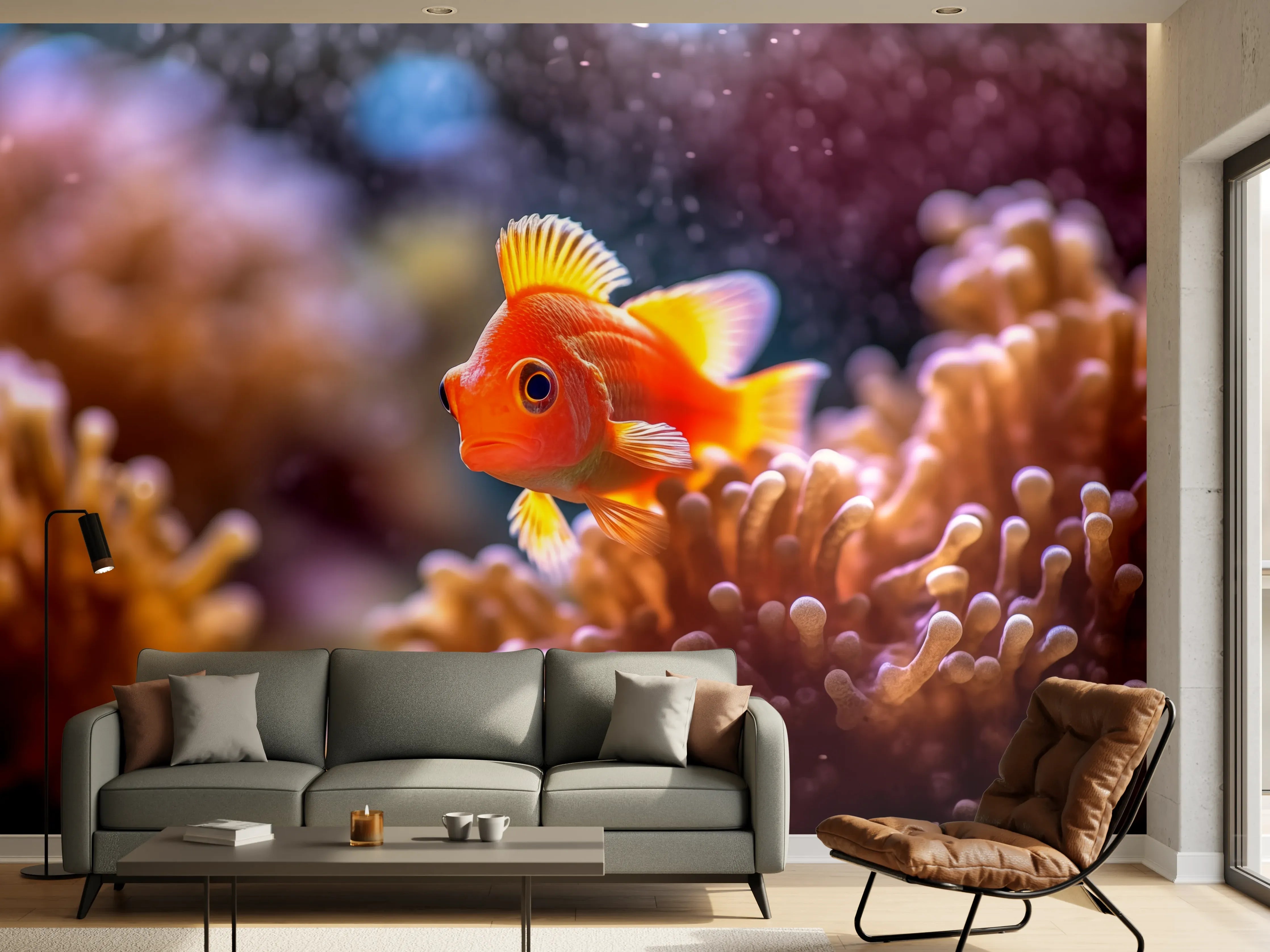 Wandverkleidung Wohnzimmer - Oranger Anemonenfisch im Korallenriff