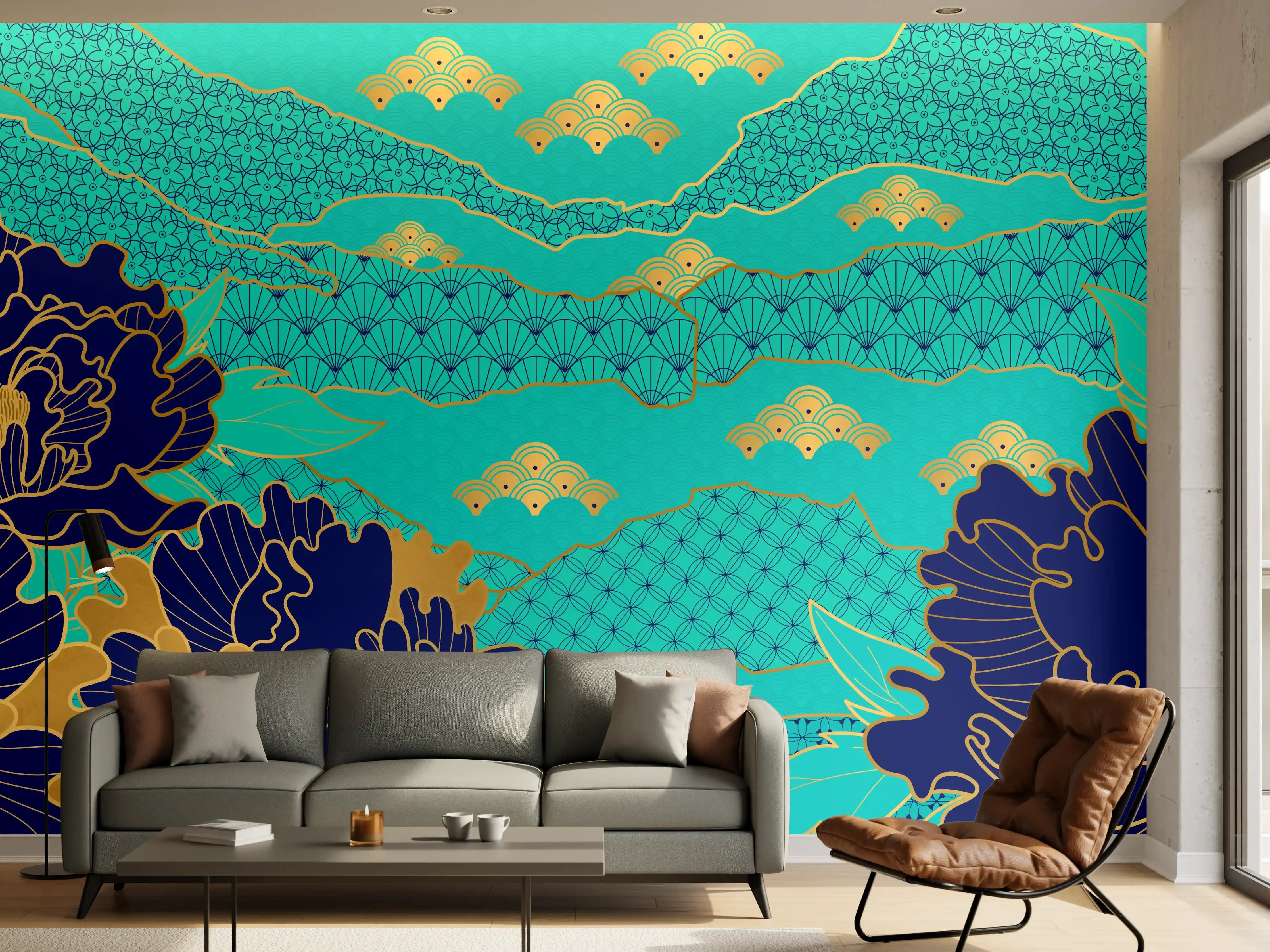 Wandverkleidung Wohnzimmer - Orientalisch-Blauer Blumen-Digitaldruck