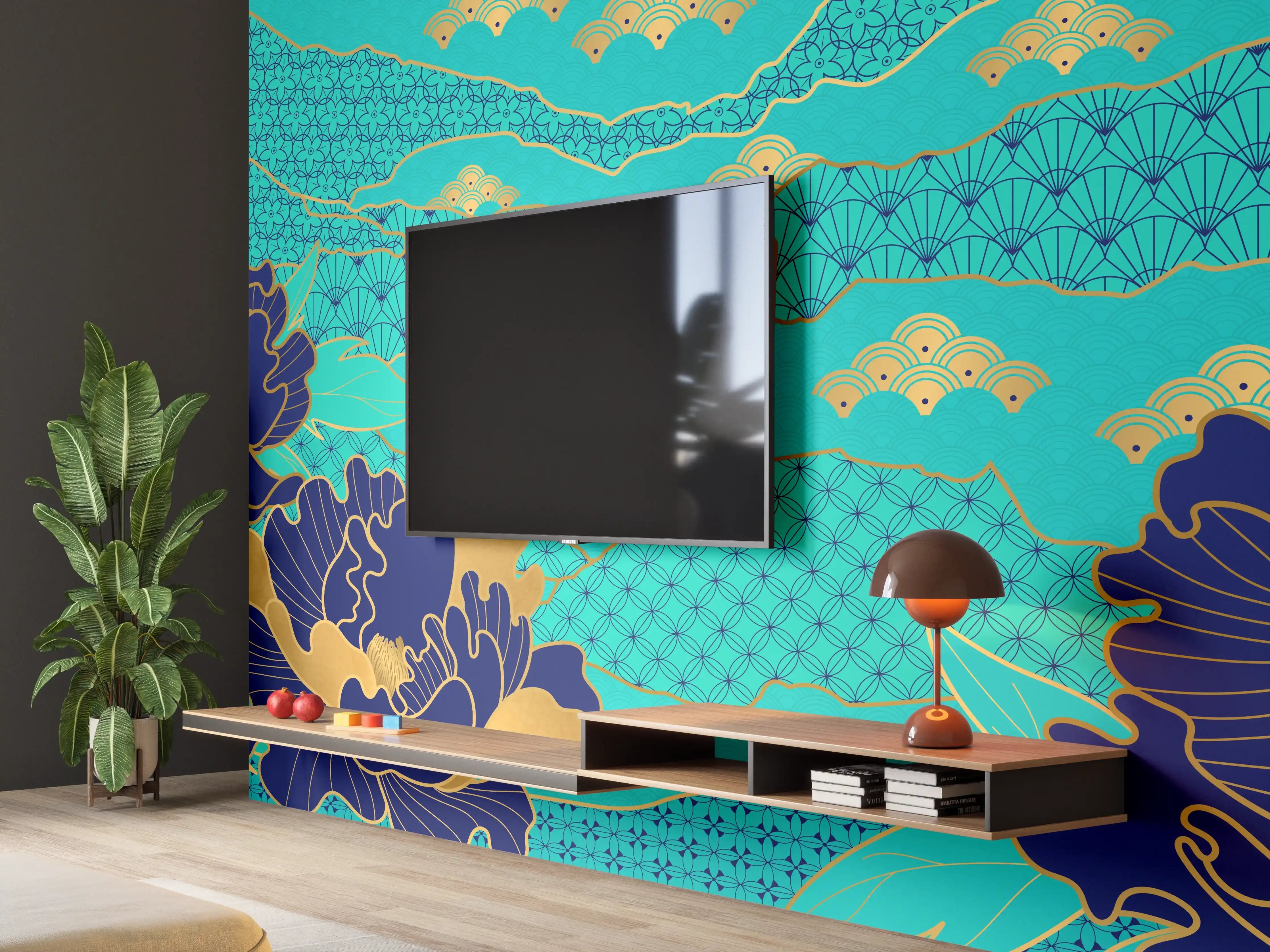 Wandverkleidung Wohnzimmer - Orientalisch-Blauer Blumen-Digitaldruck