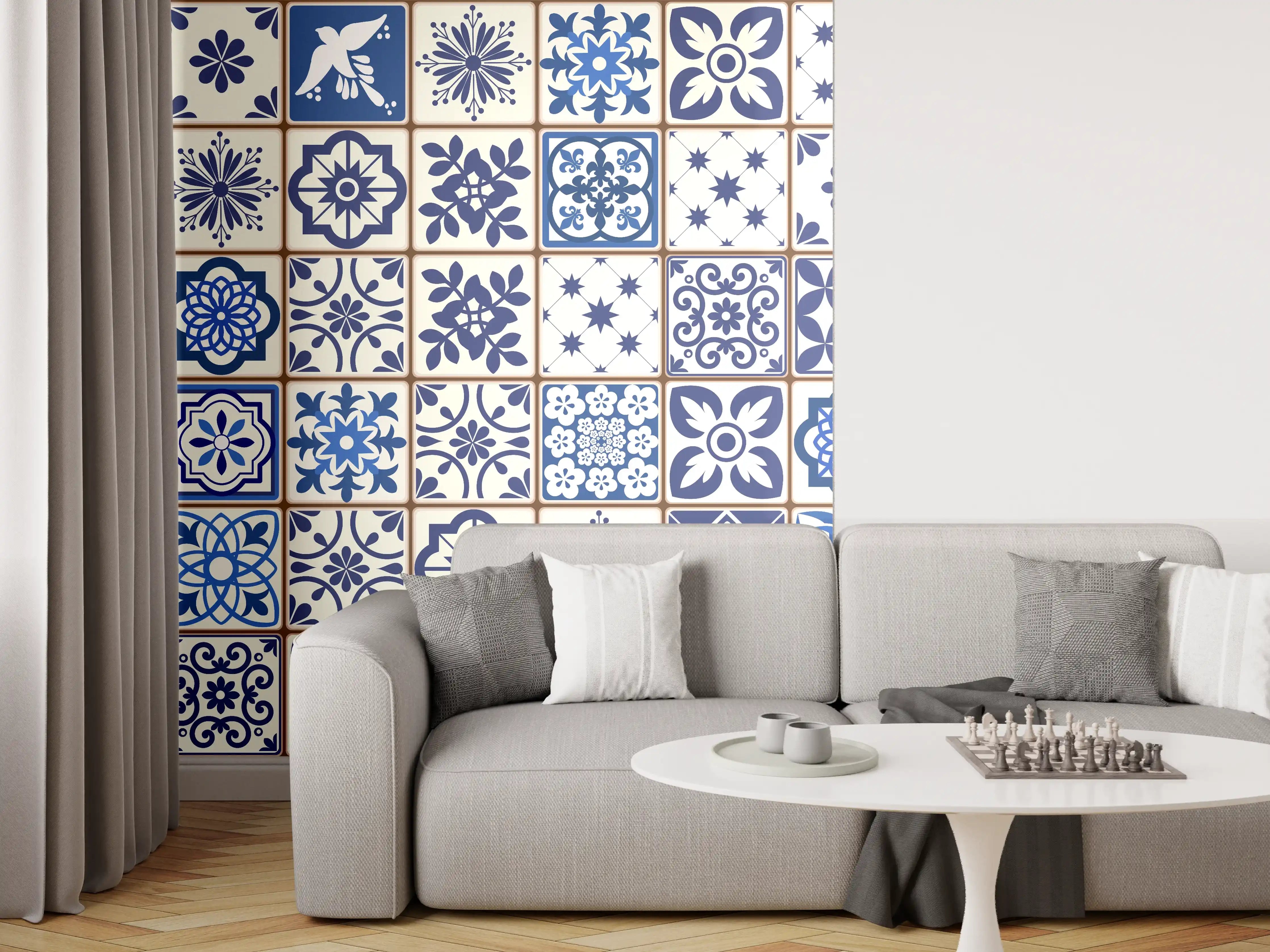 Wandverkleidung Wohnzimmer - Orientalische blaue Fliesen