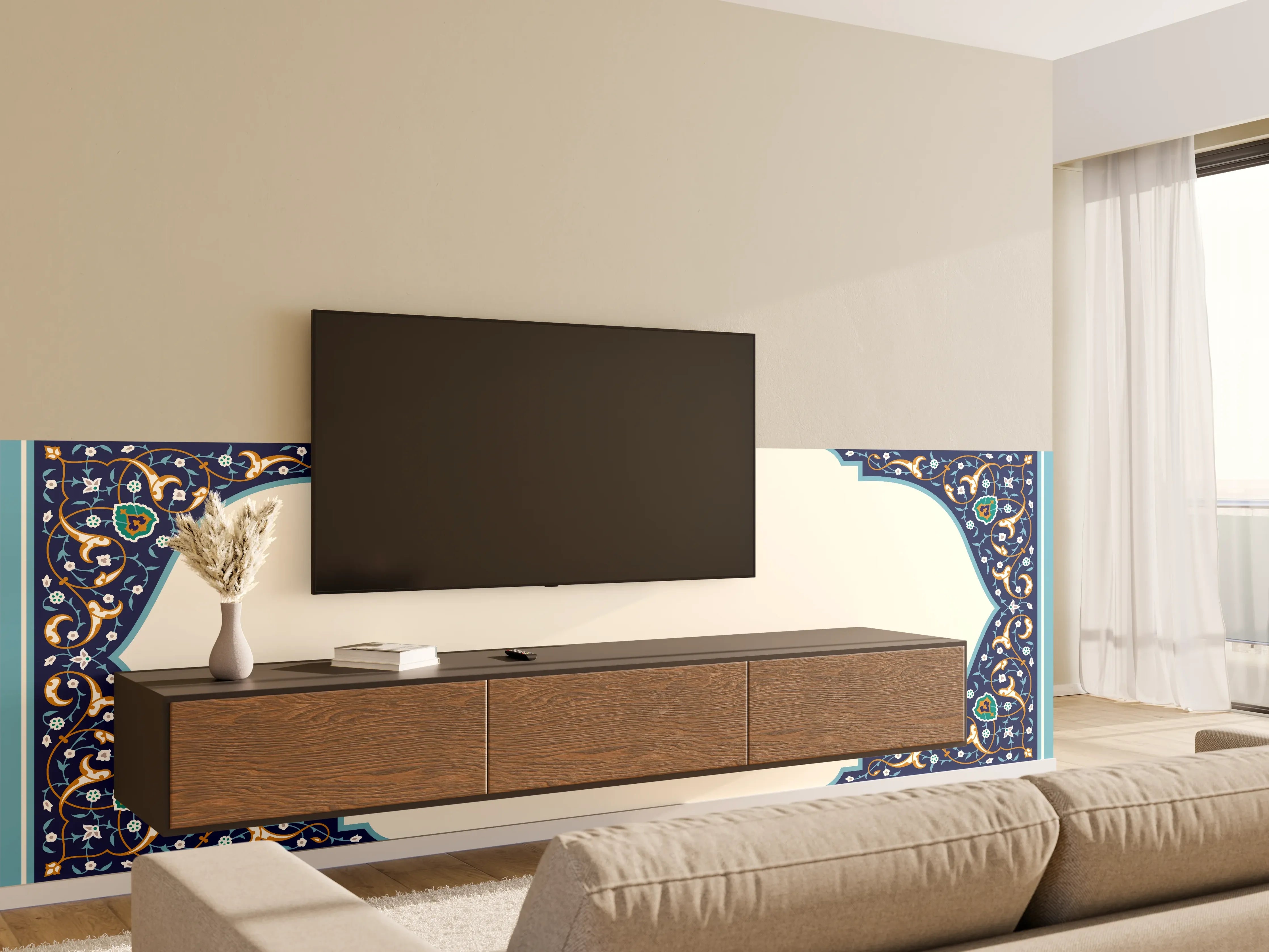 Wandverkleidung Wohnzimmer - Orientalischer Rahmen Blau-Gold