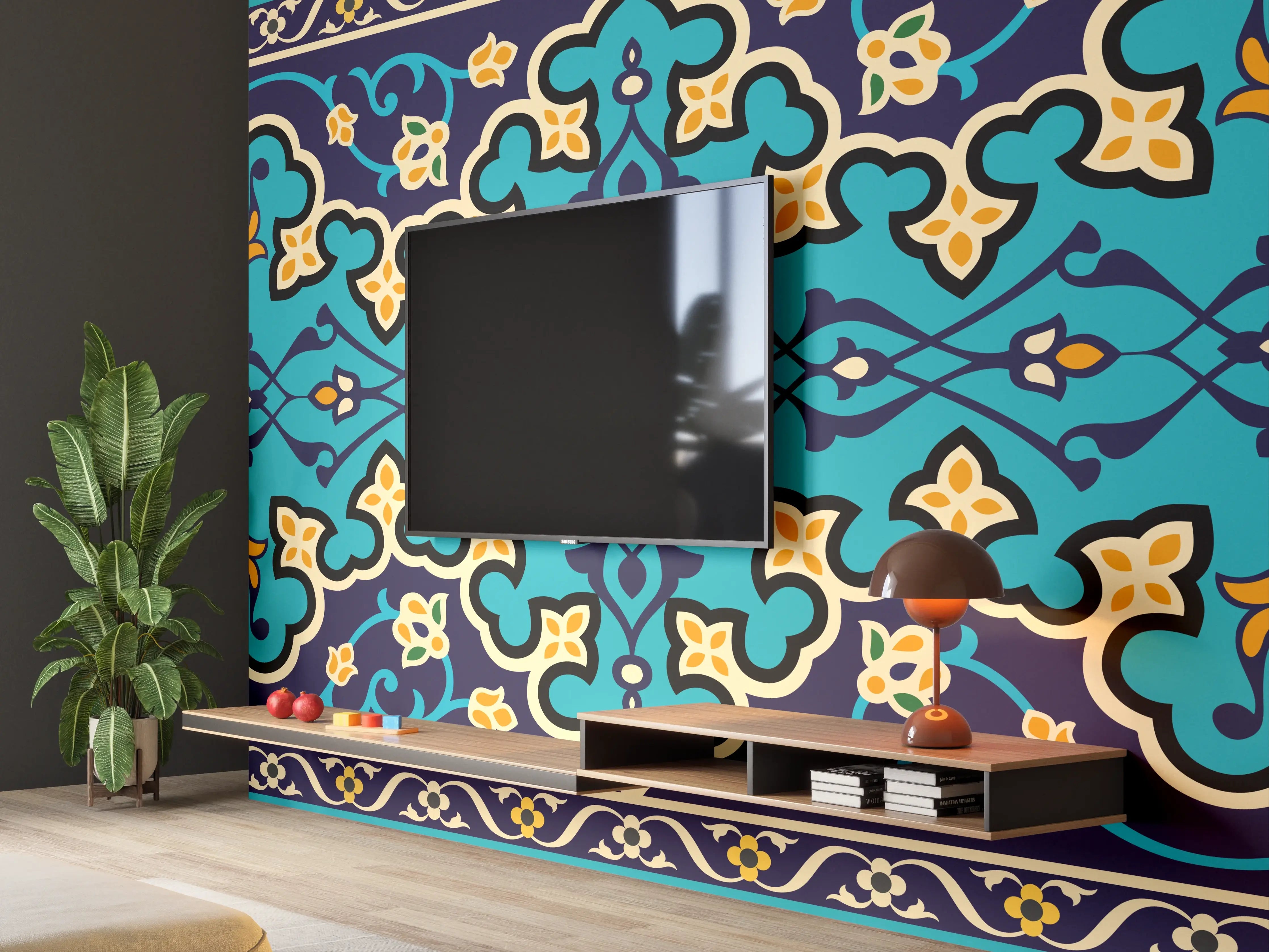 Wandverkleidung Wohnzimmer - Orientalisches Blau-Gold Muster
