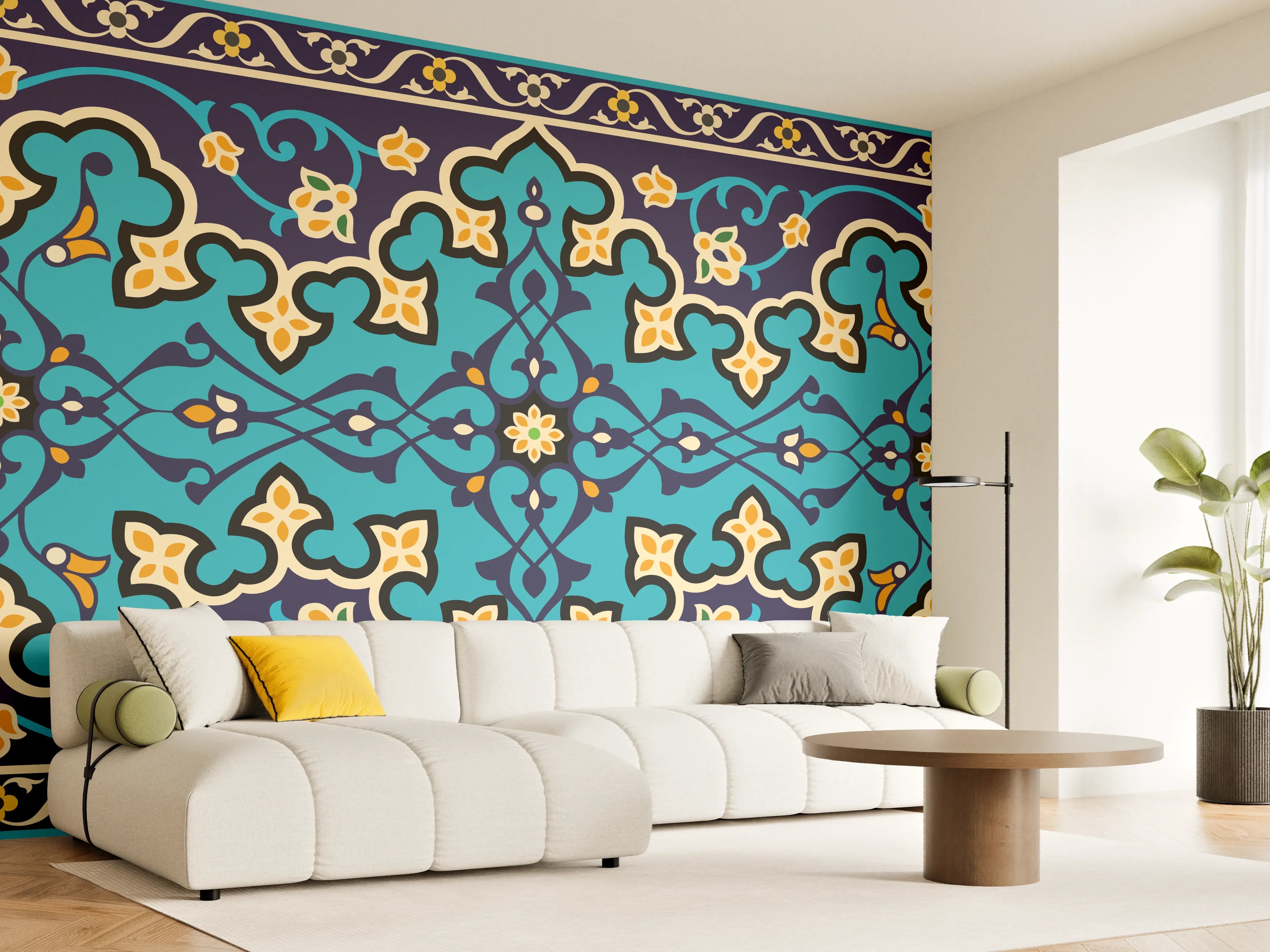 Wandverkleidung Wohnzimmer - Orientalisches Blau-Gold Muster