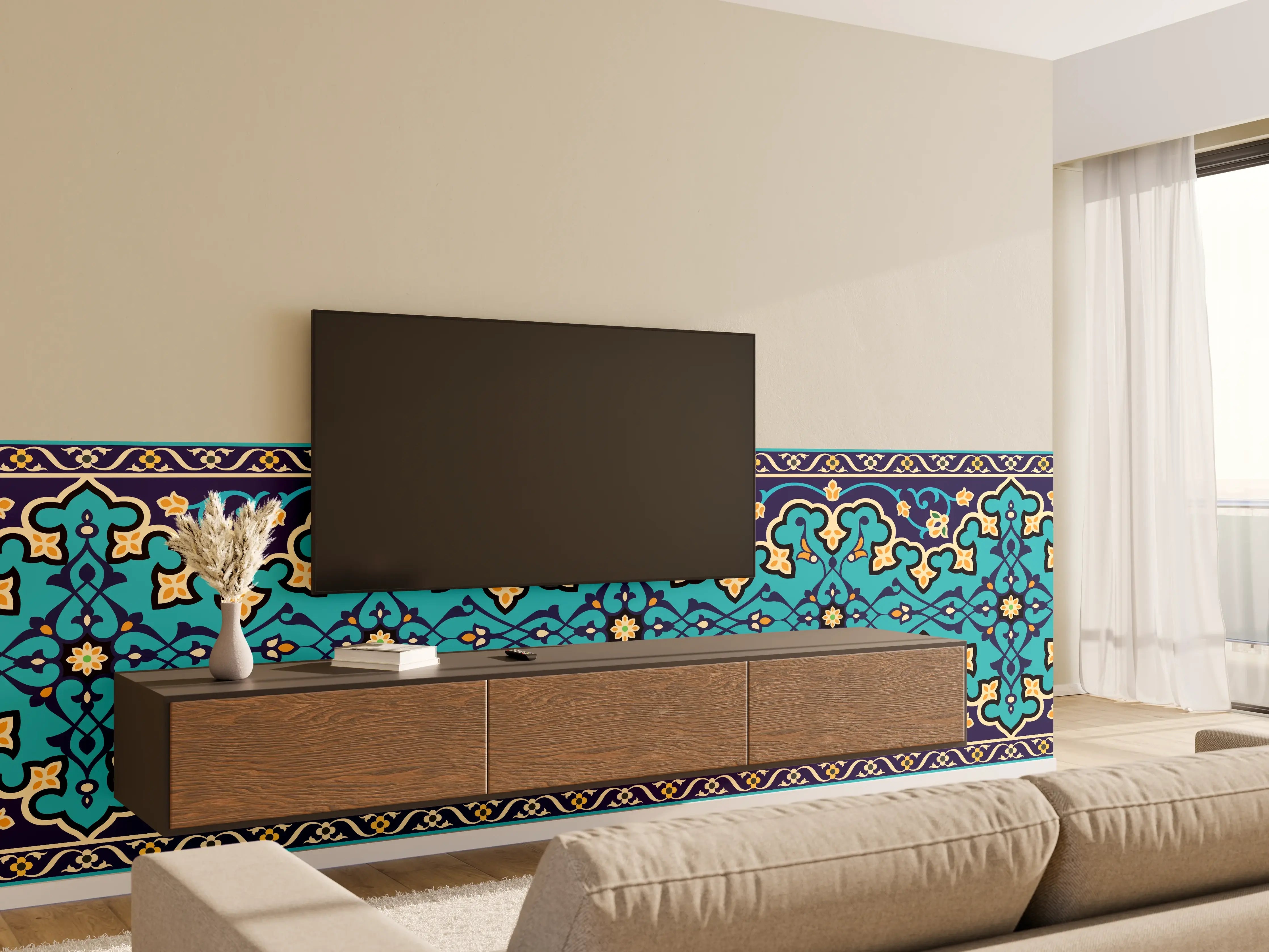Wandverkleidung Wohnzimmer - Orientalisches Blau-Türkis Muster