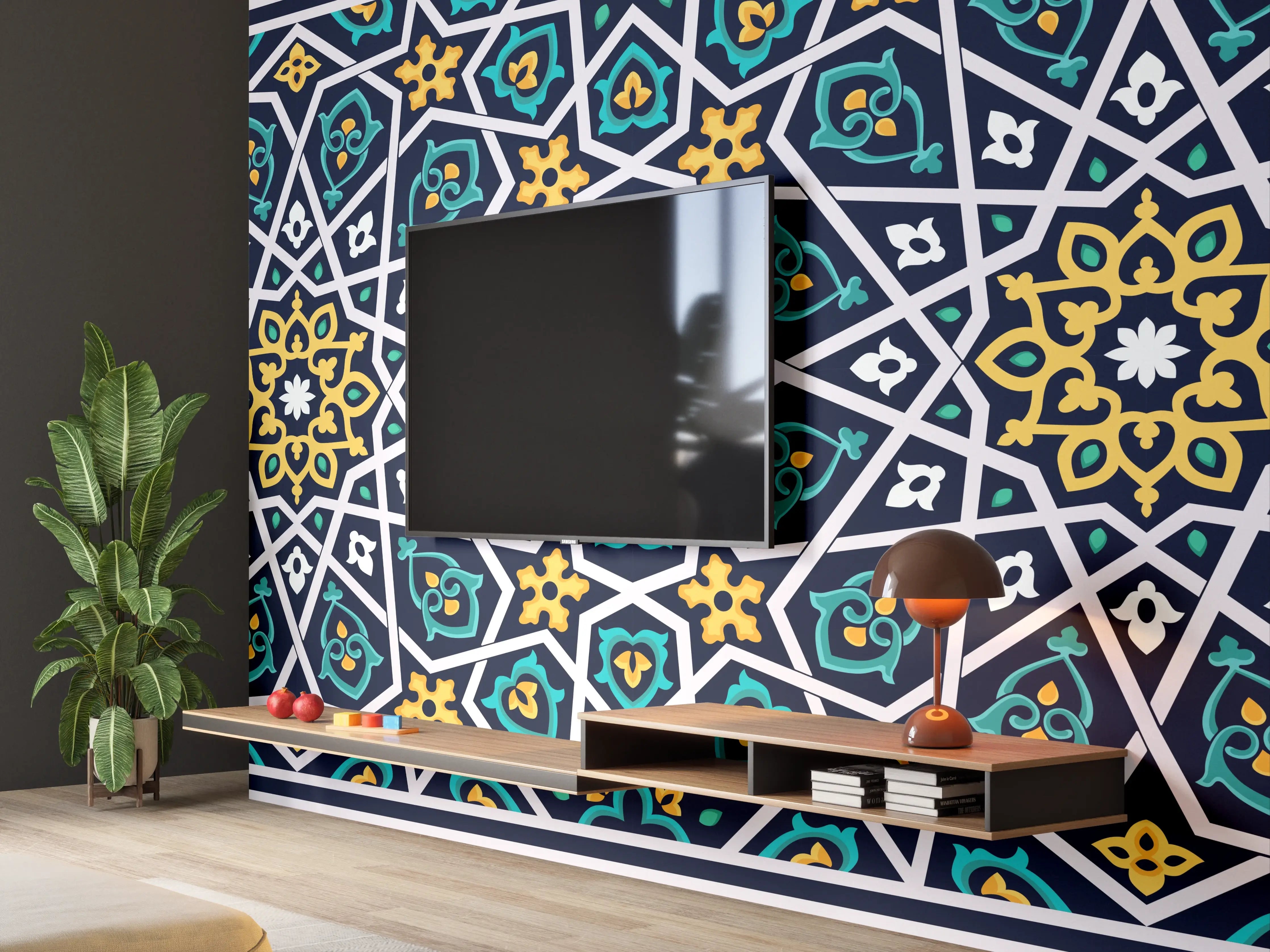 Wandverkleidung Wohnzimmer - Orientalisches Fliesenmuster Blau