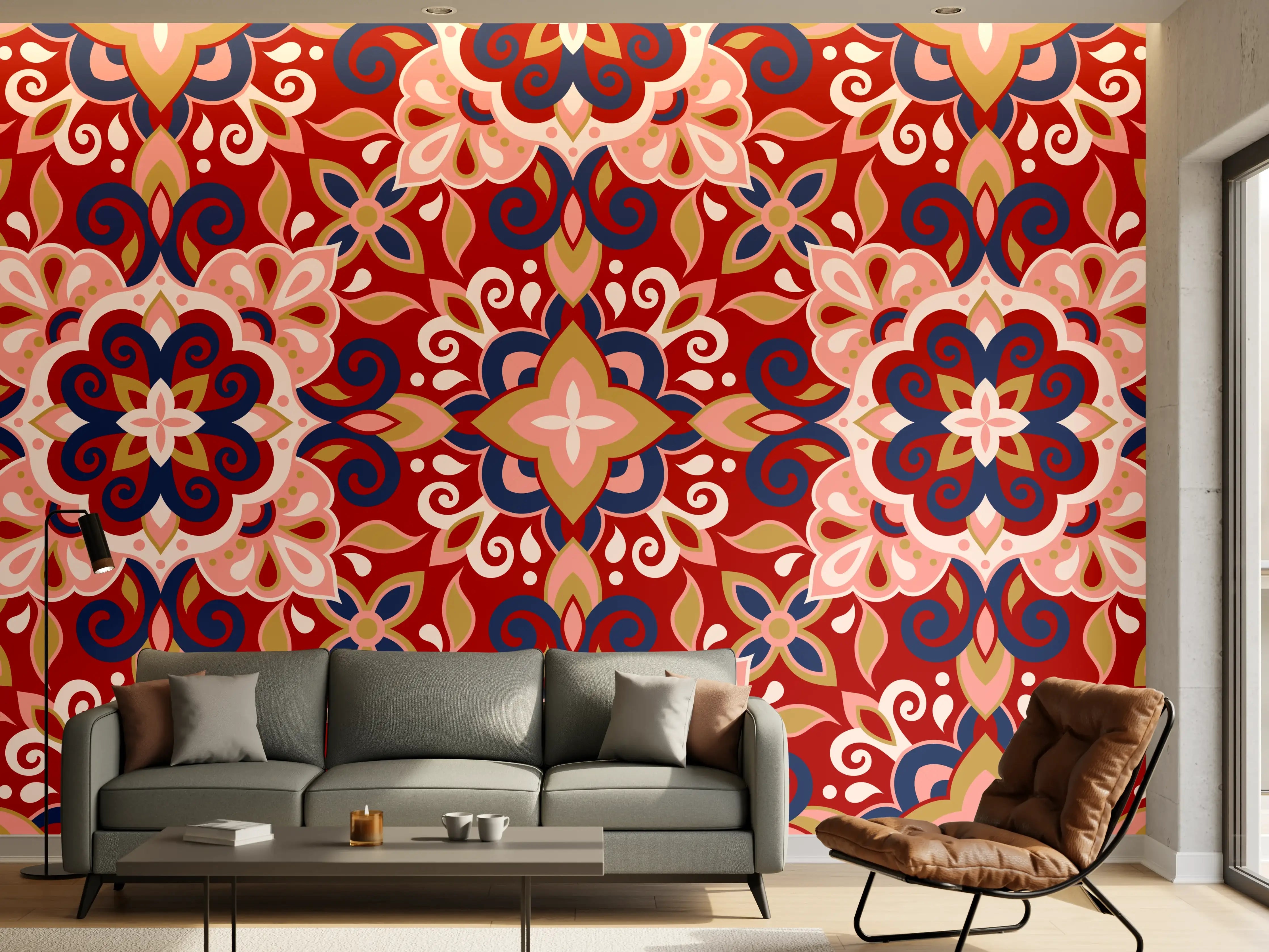 Wandverkleidung Wohnzimmer - Orientalisches Rot-Blau Muster