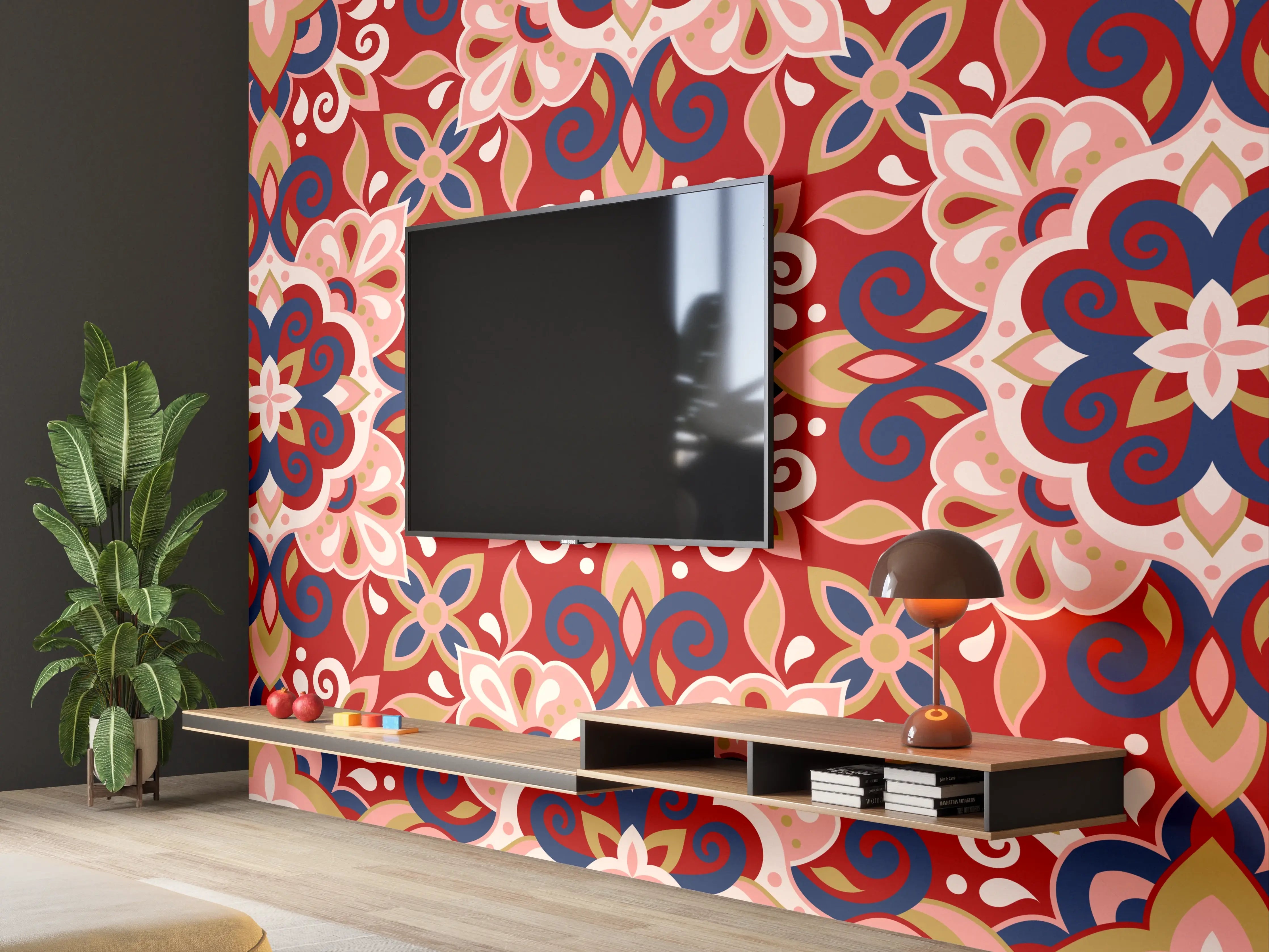 Wandverkleidung Wohnzimmer - Orientalisches Rot-Blau Muster
