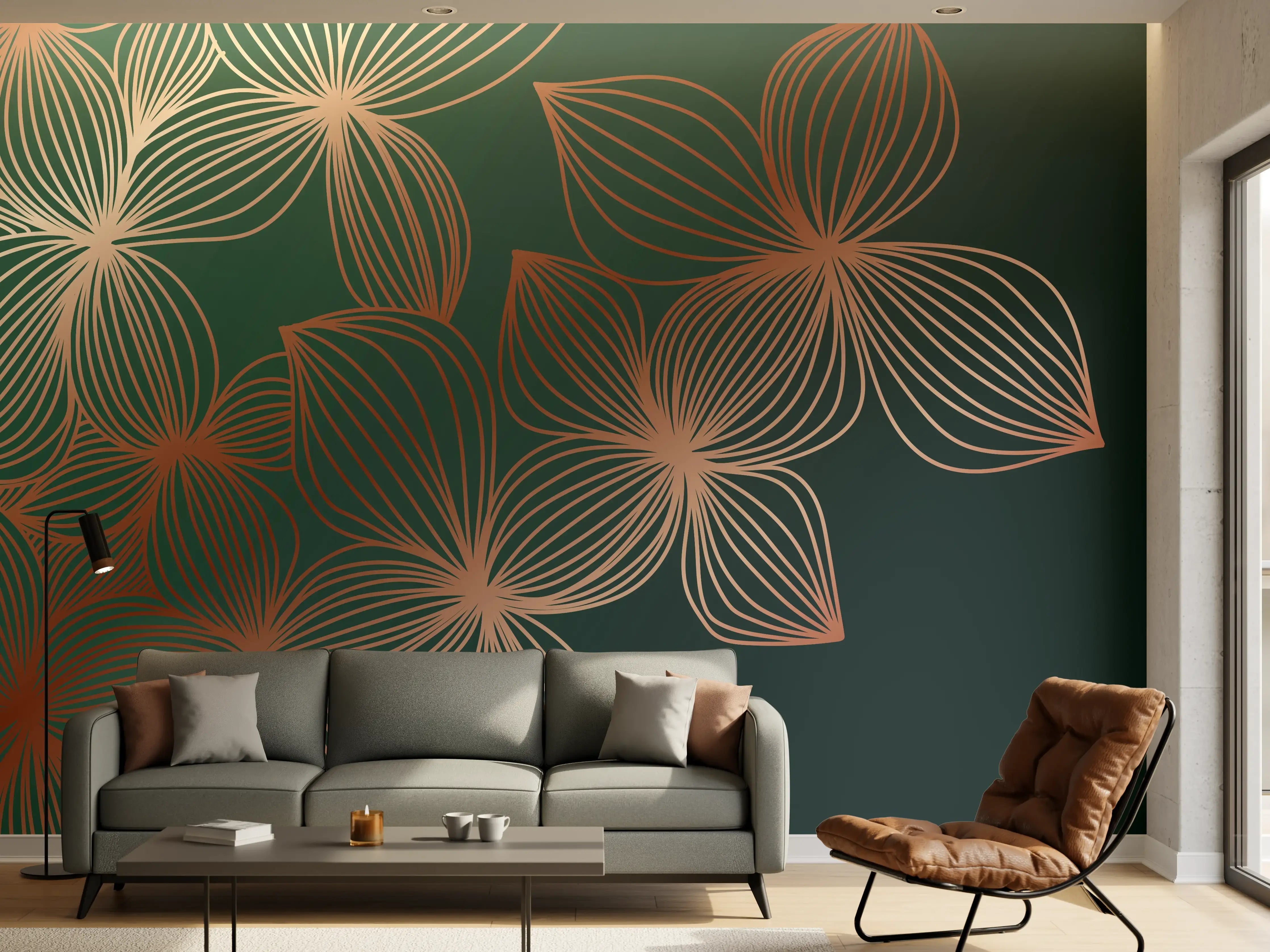 Wandverkleidung Wohnzimmer - Ornamente Lineart Pflanzen Dunkel