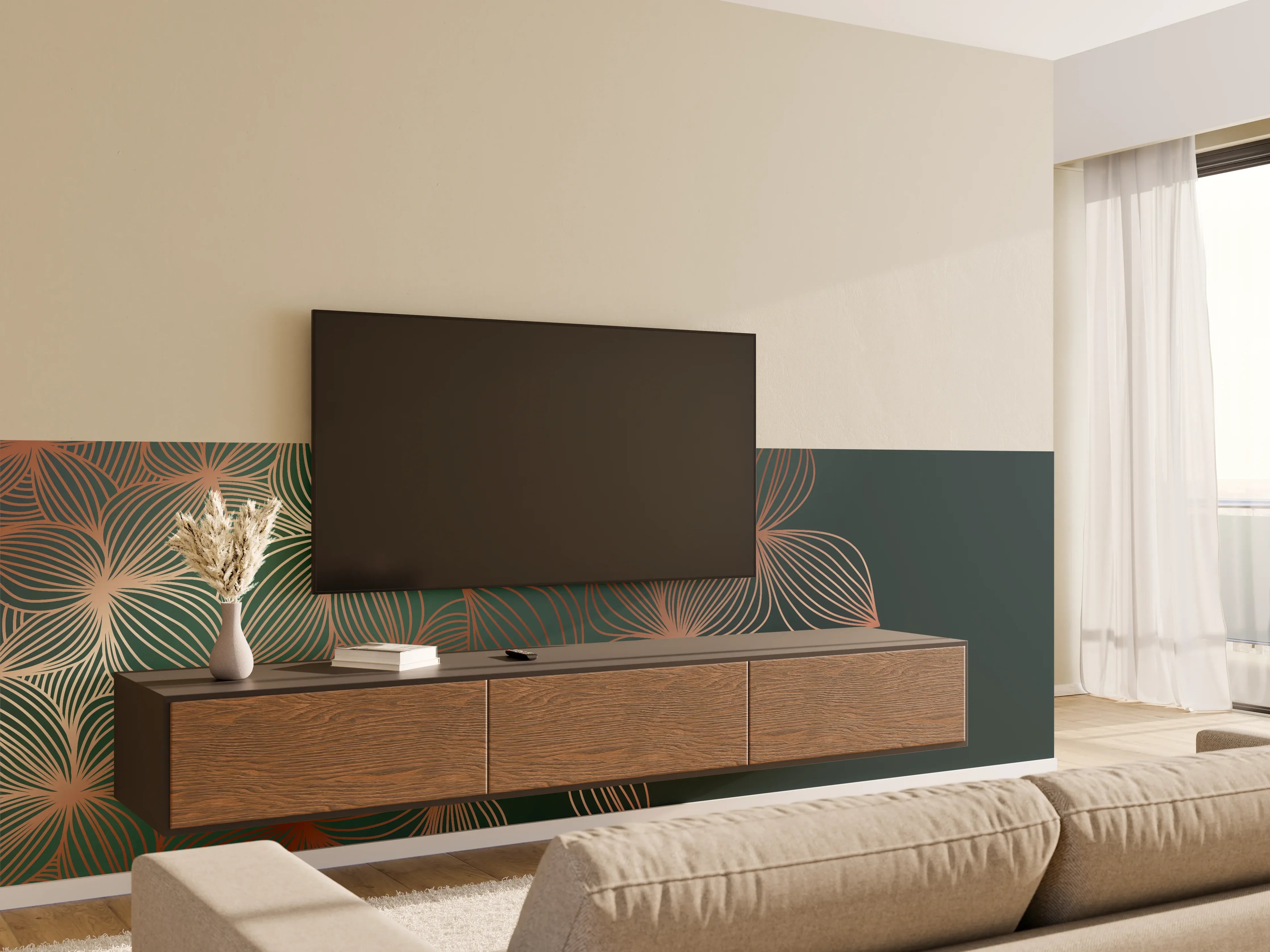 Wandverkleidung Wohnzimmer - Ornamente Lineart Pflanzen Dunkel