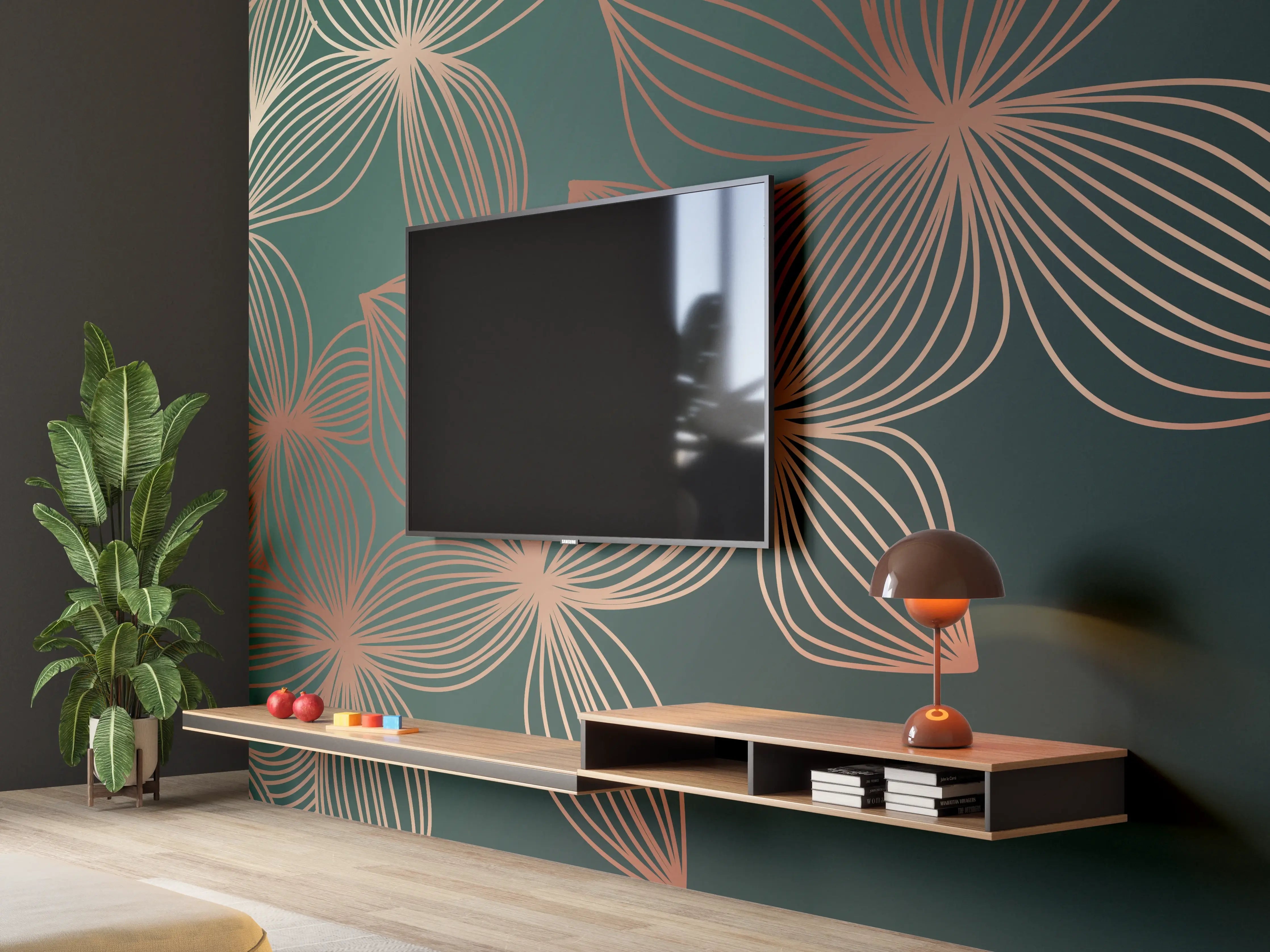 Wandverkleidung Wohnzimmer - Ornamente Lineart Pflanzen Dunkel