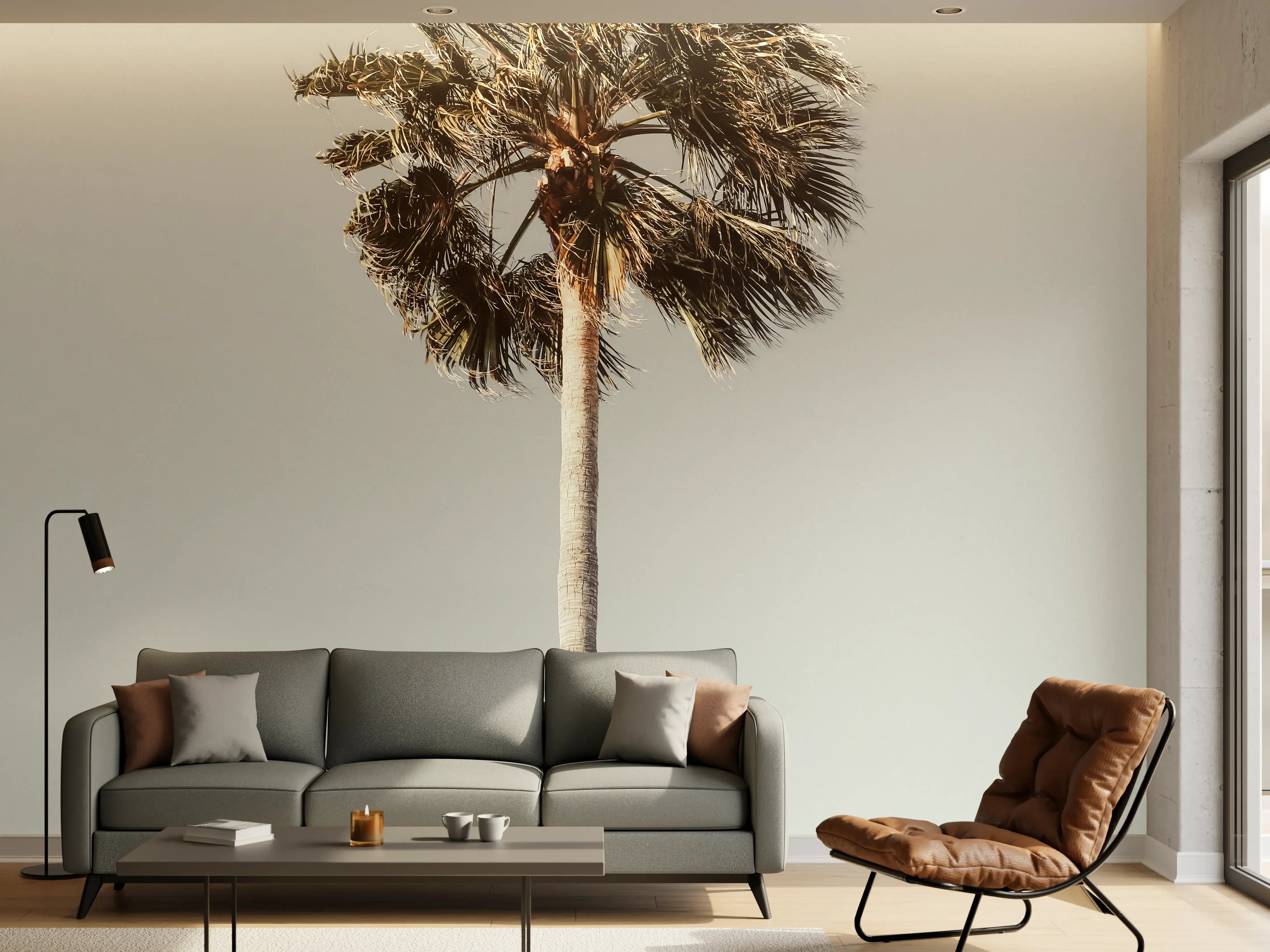 Wandverkleidung Wohnzimmer - Palmenbaum vor wolkigem Himmel