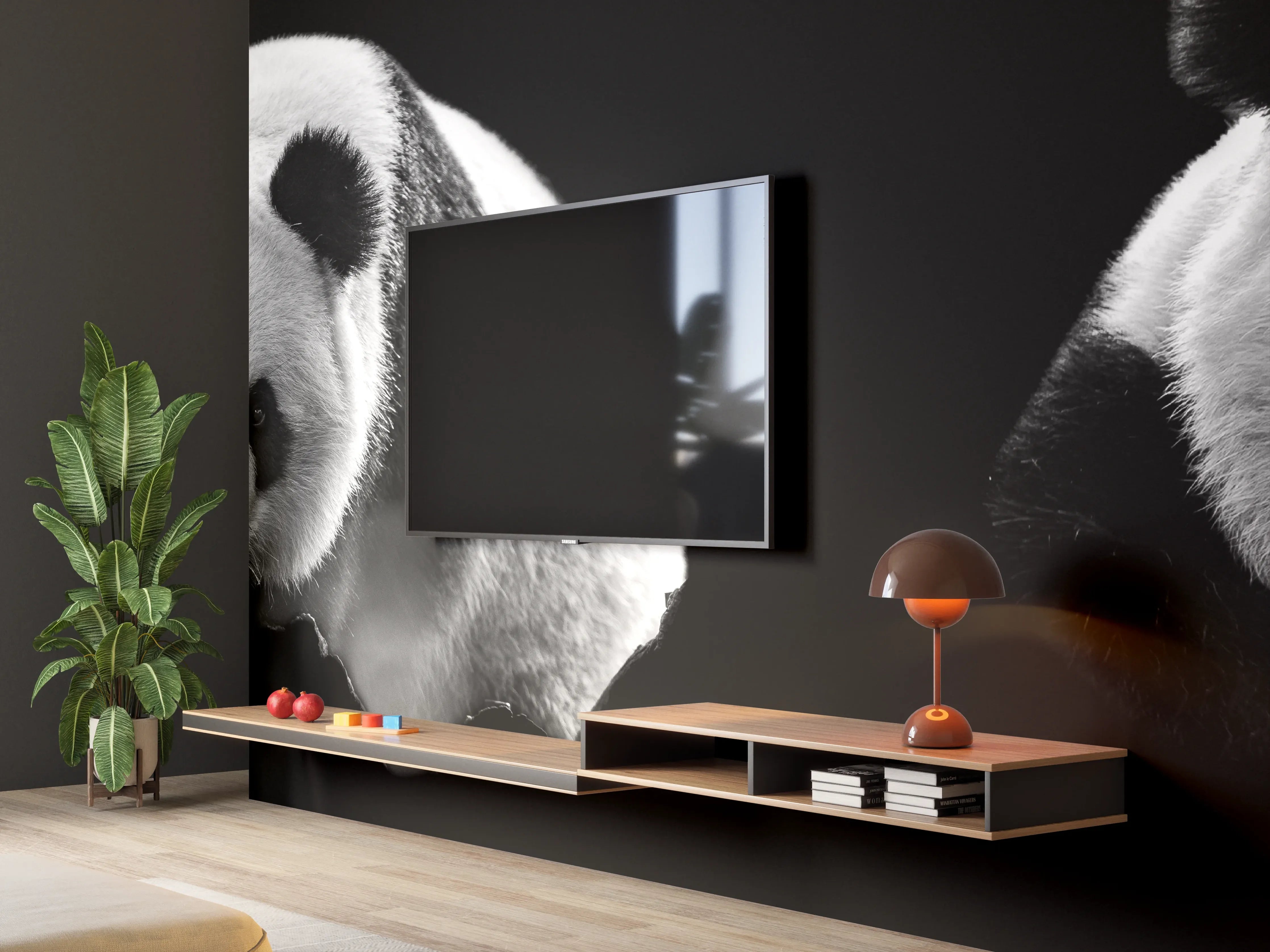 Wandverkleidung Wohnzimmer - Panda mit schwarzem Hintergrund